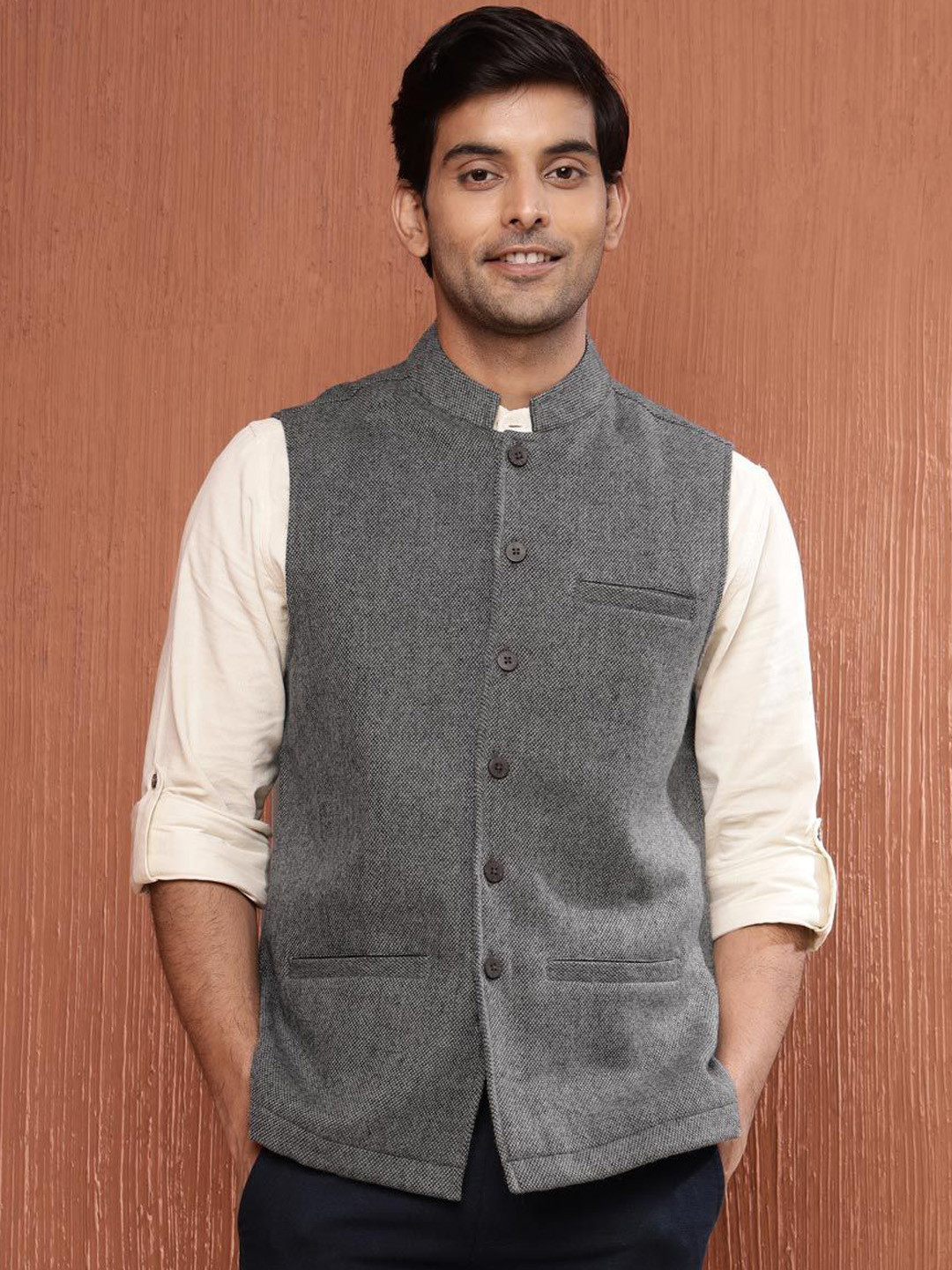 Fabindia Woven Designed Wool Mandarin Collar Nehru Jacket
