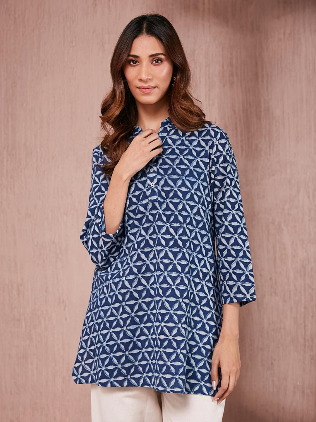 Fabindia Shirt Collar Printed Indigo Tunic