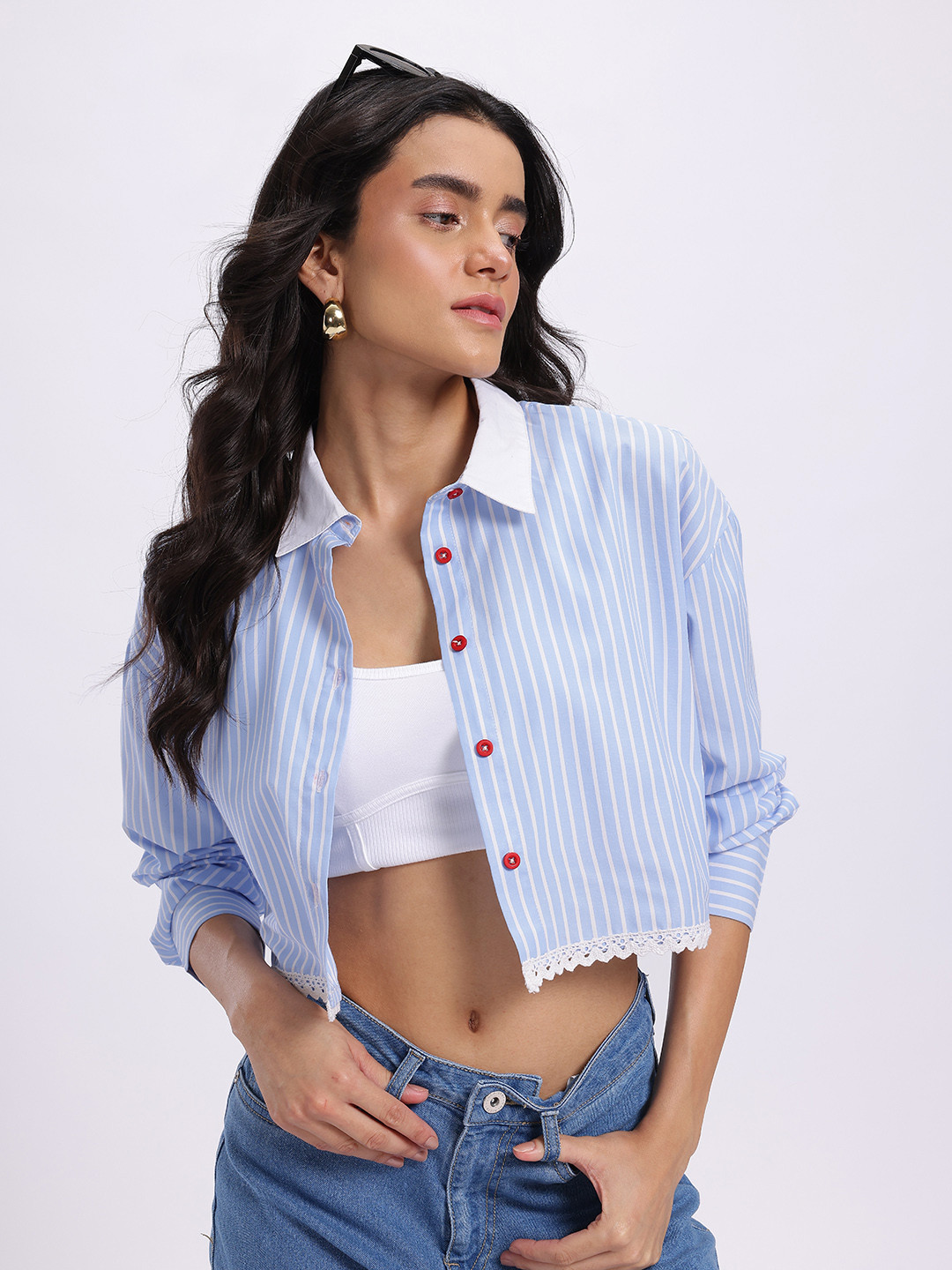 glitchez Striped Contrast Collar Lace Inserts Loose Fit Crop Regular Fit Shirt