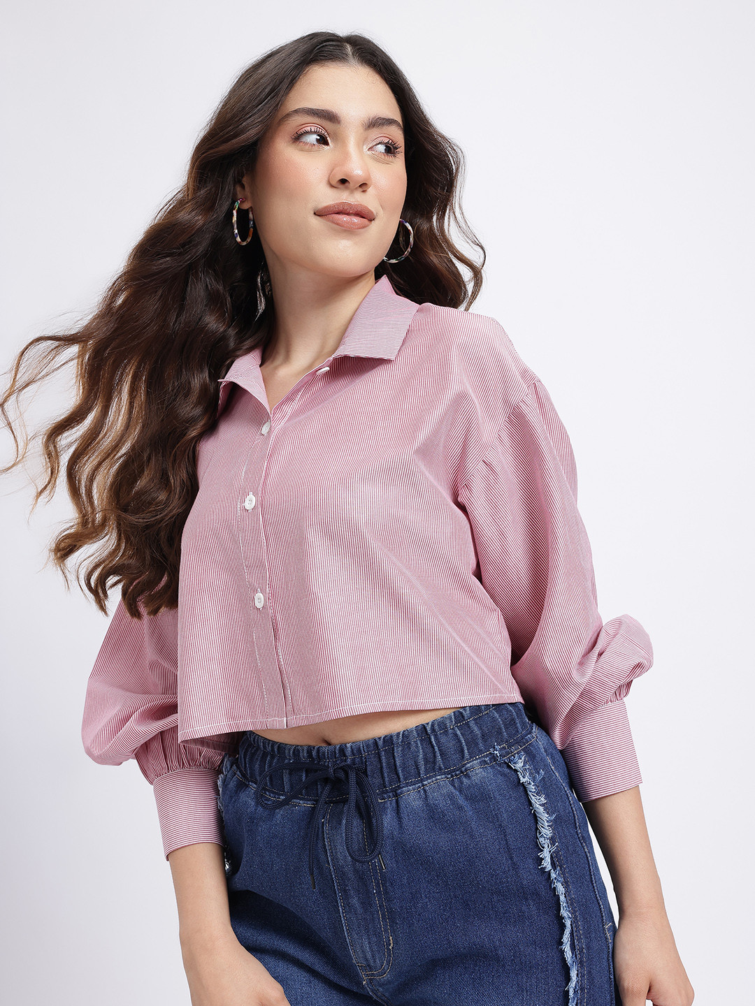 Relaxed Fit Pinstriped Puff Sleeves Shirt