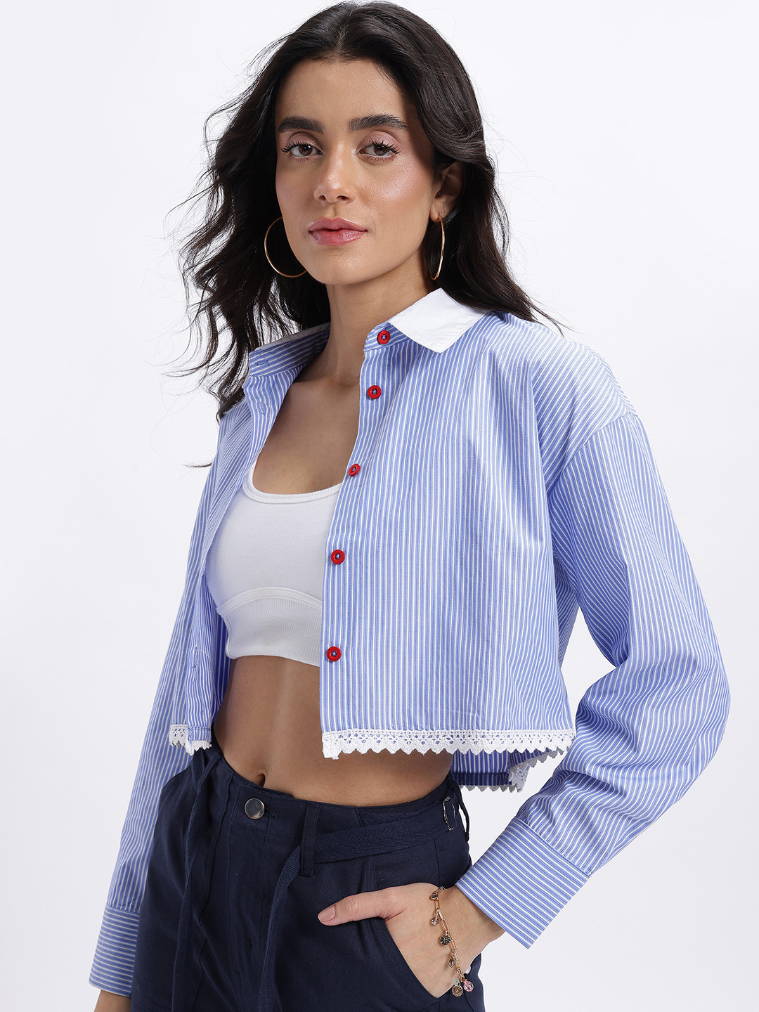 glitchez Striped Contrast Button Lace Inserted Crop Boxy Shirt