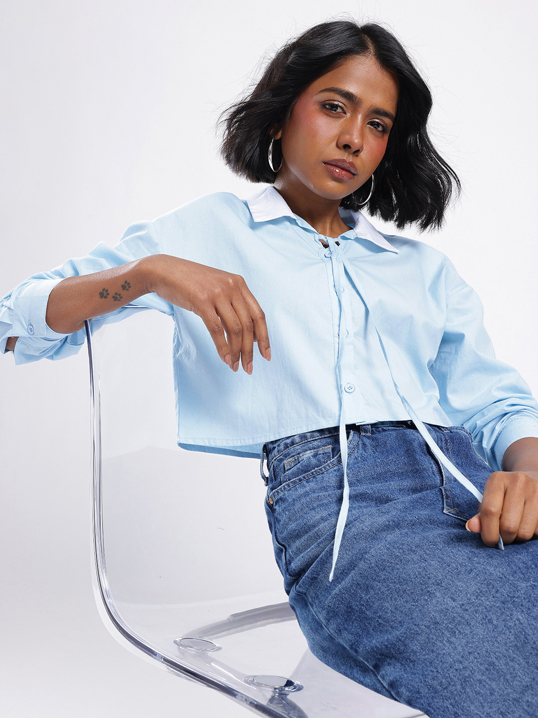 glitchez Loose Fit Tie Up Detail Crop Shirt