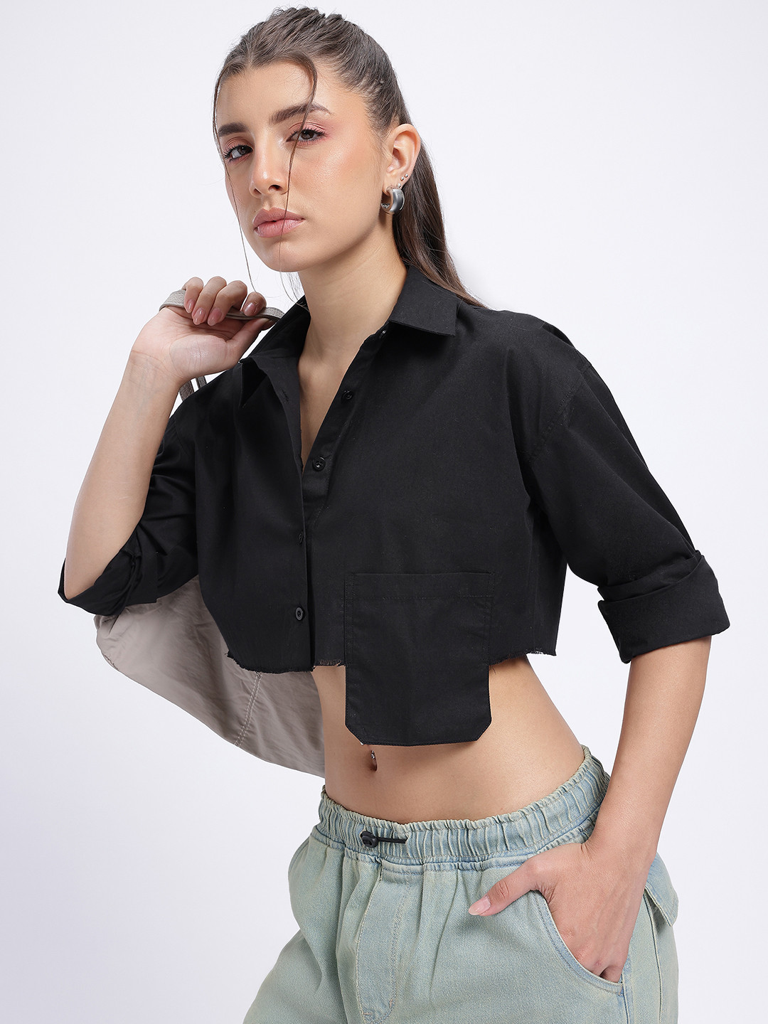 glitchez Asymmetric Pocket Loose Fit Crop Relaxed Fit Shirt