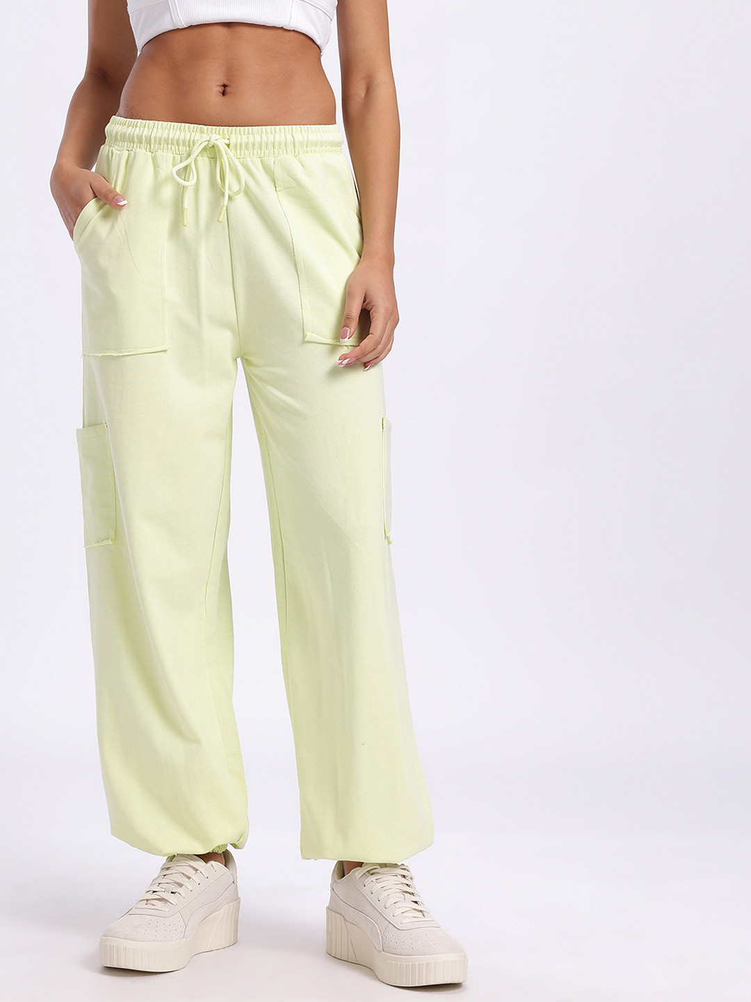 Lime Green Loose Fit Mid-Rise Cargo Joggers