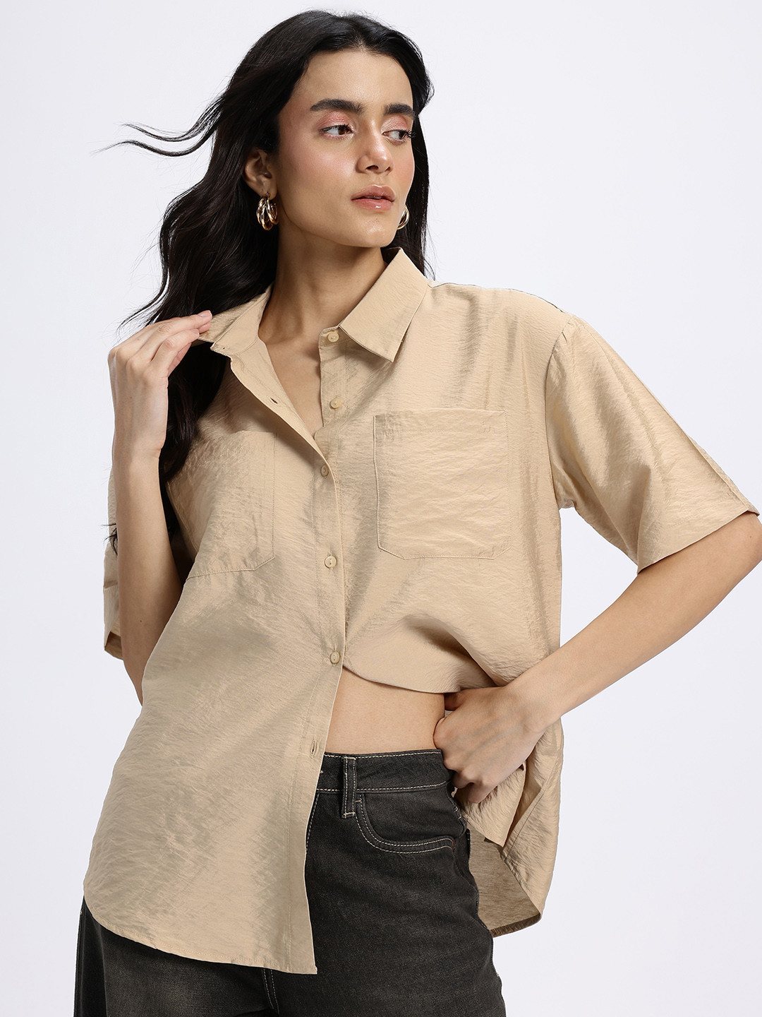 glitchez Crinkle Mix Oversized Textured Shirt