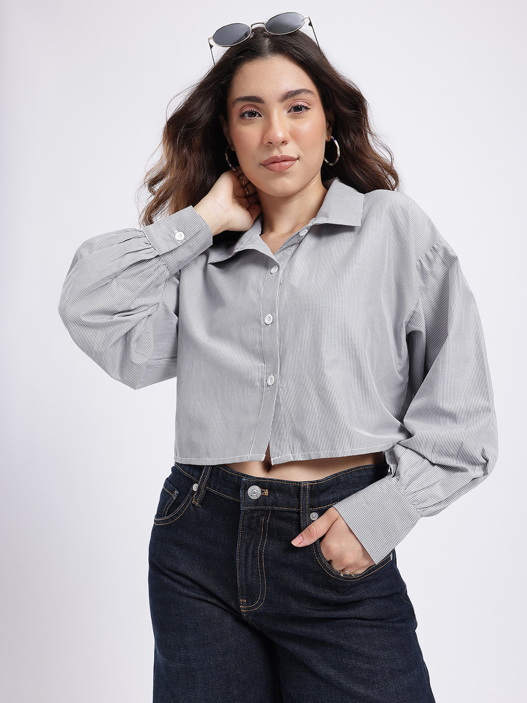 Glitchez Pinstriped Cotton Puff Sleeves Relaxed Fit Crop Shirt
