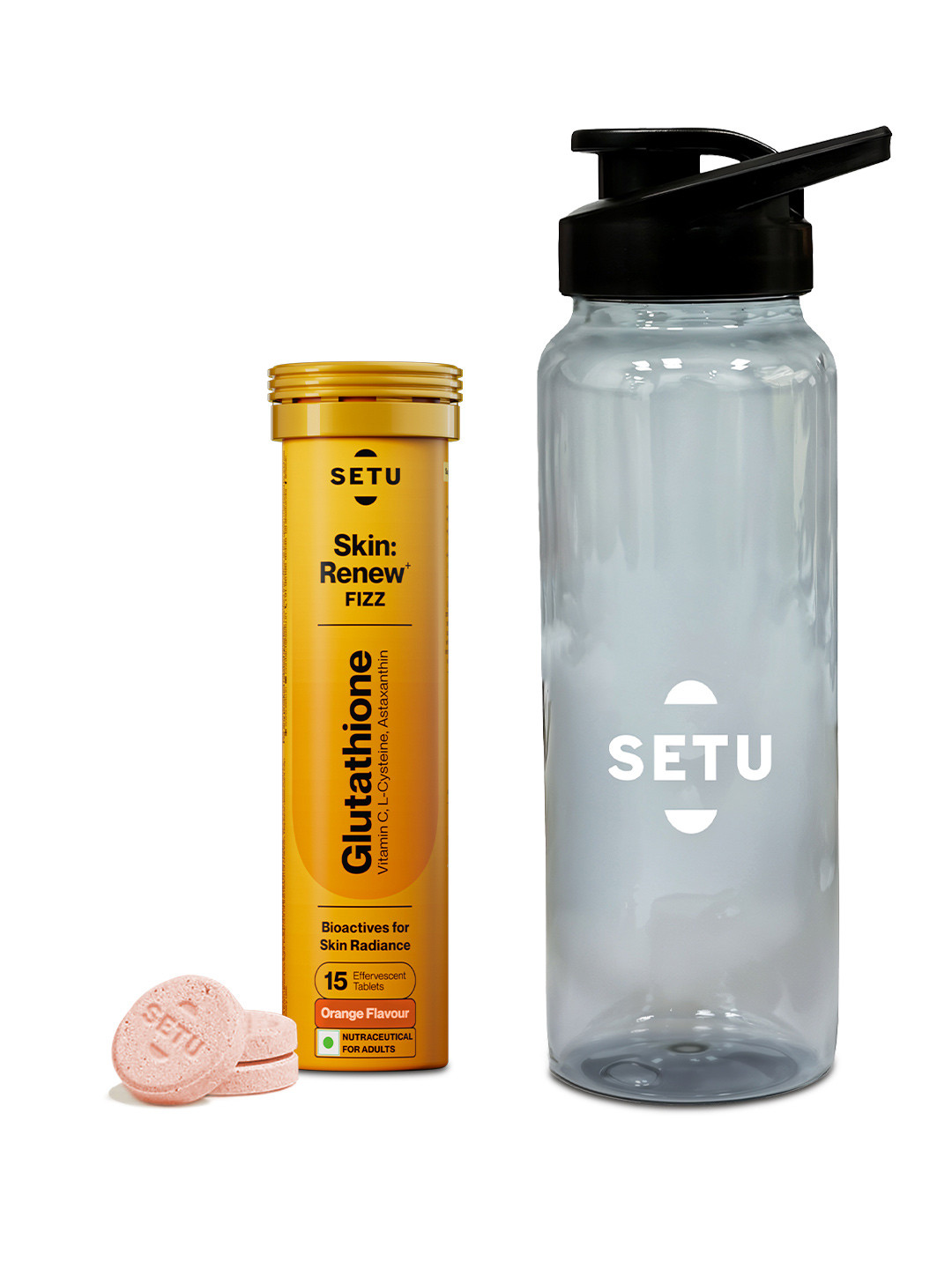 SETU Skin Renew Glutathione 15 Effervescent Tablets - Orange & Sipper - 750ml