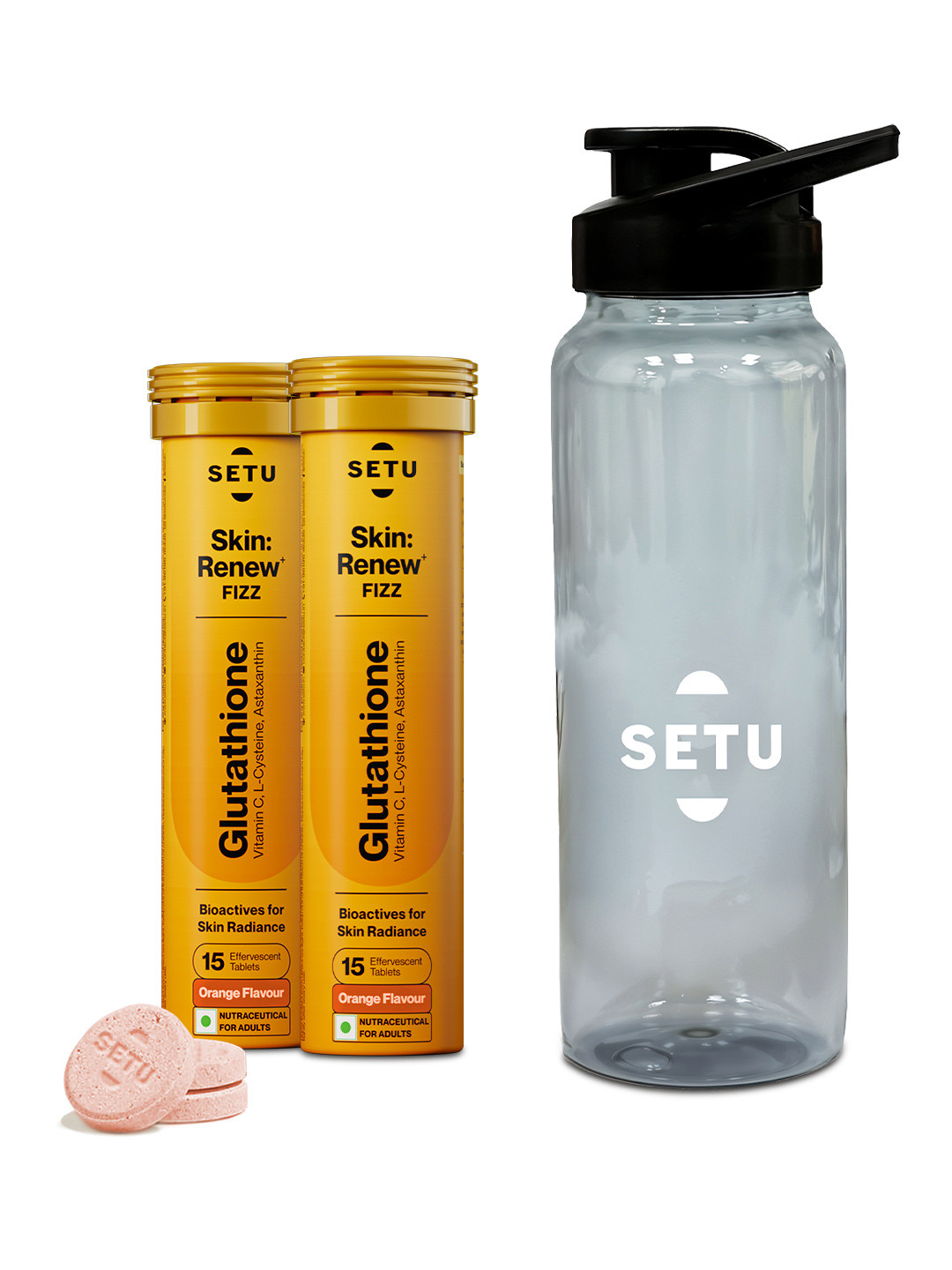 SETU Skin Renew Glutathione 30 Effervescent Tablets - Orange & Sipper- 750 ml