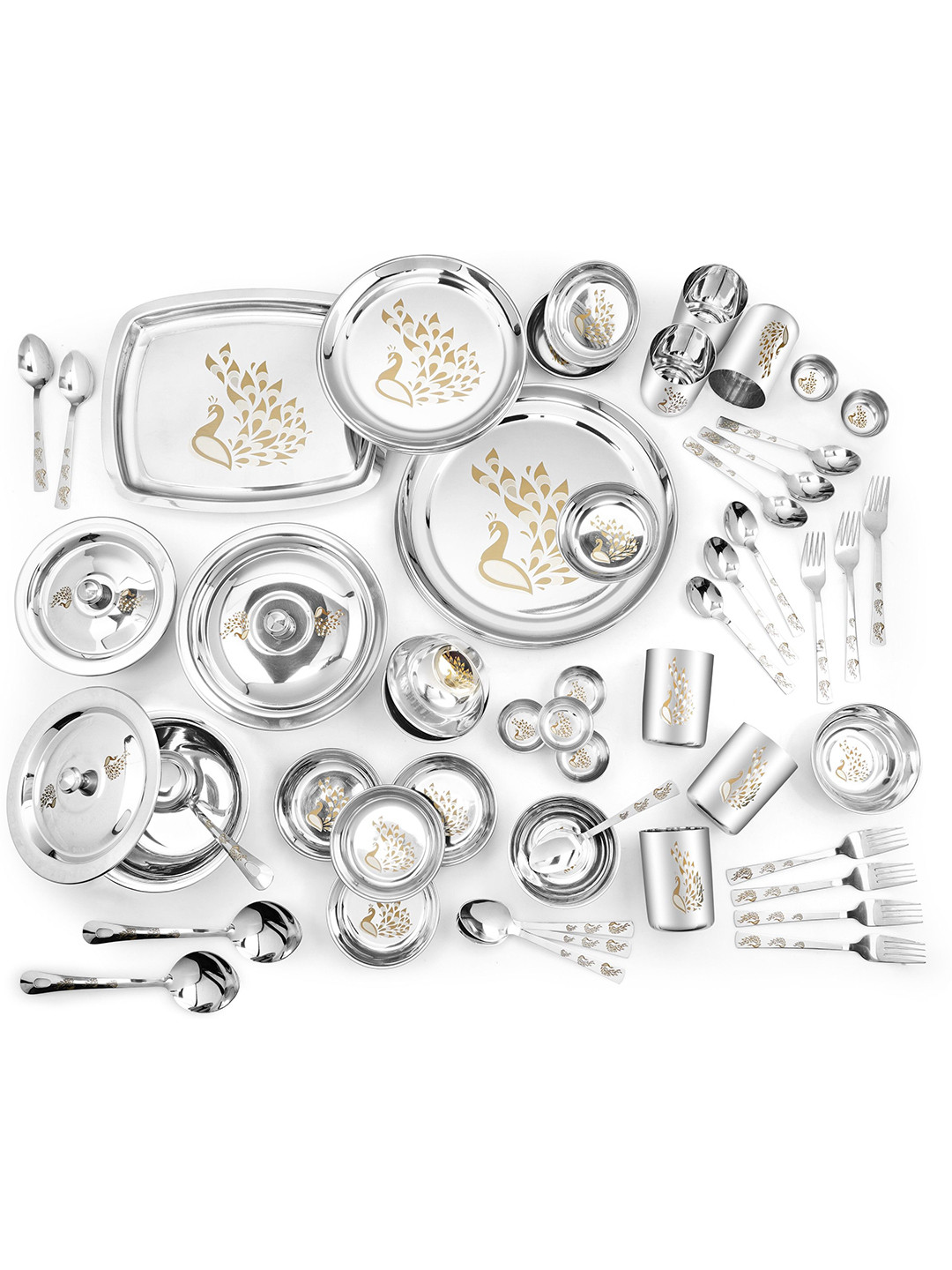 Classic Essentials Permanent Laser Engraving-Peacock Silver Animal Print Stainless Steel Dishwasher Safe 64 Piece Dinner Set