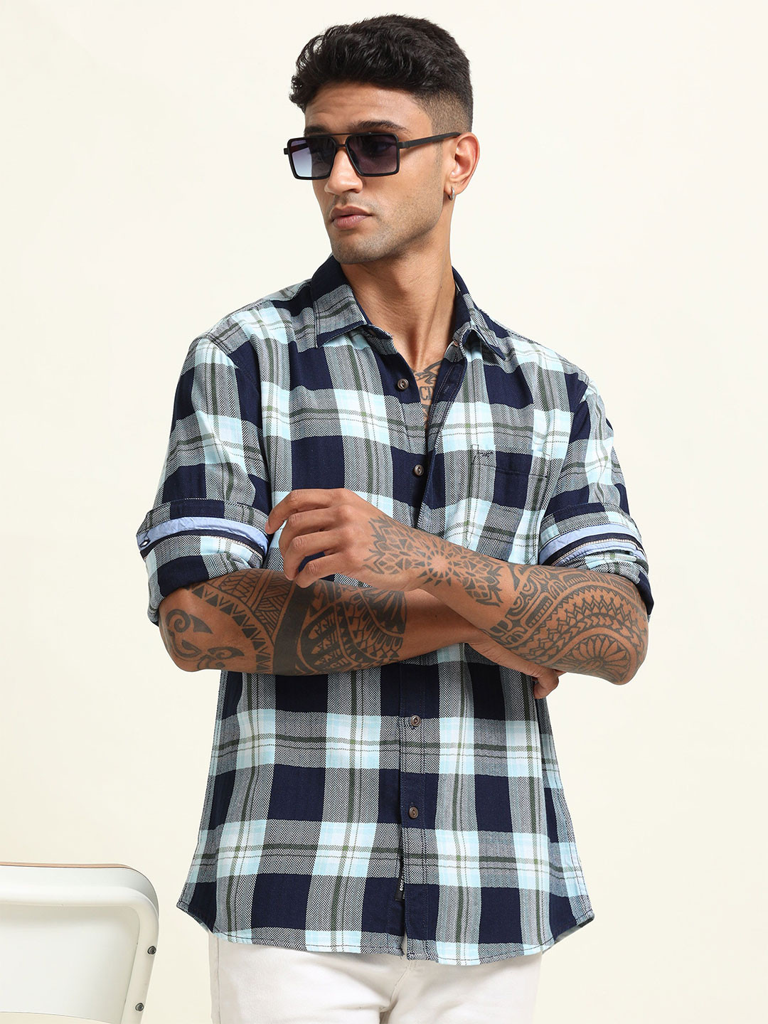 RIGS AND RAGS Men Custom Spread Collar Checked Cotton Casual Shirt