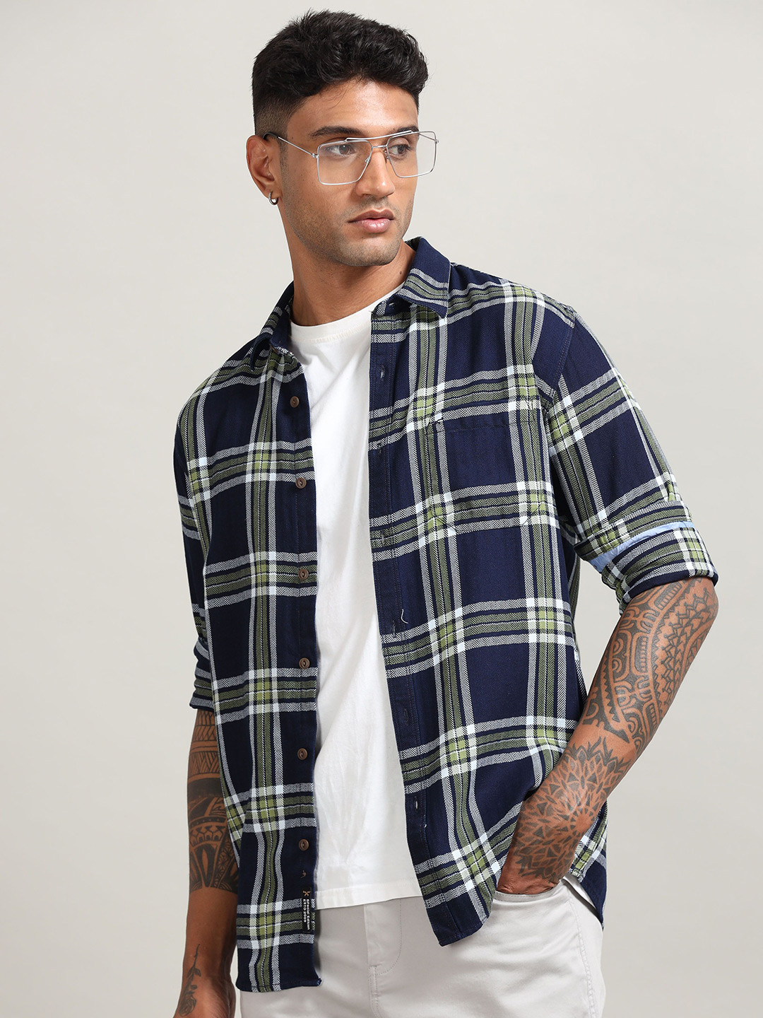 RIGS AND RAGS Men Custom Fit Spread Collar Tartan Checked Cotton Casual Shirt