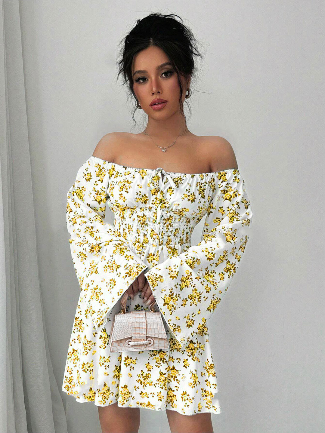 KATECLO Women Floral Printed Off-Shoulder Smocked Flared Sleeve Mini Dress