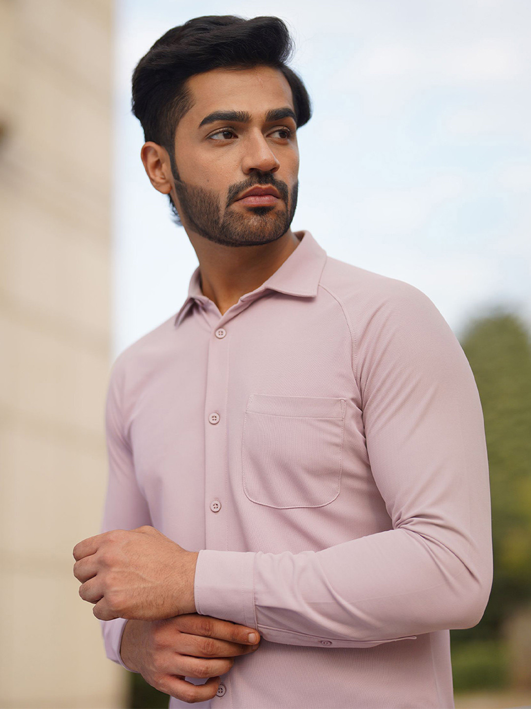 Harfun Men Spread Collar Solid Formal Shirt