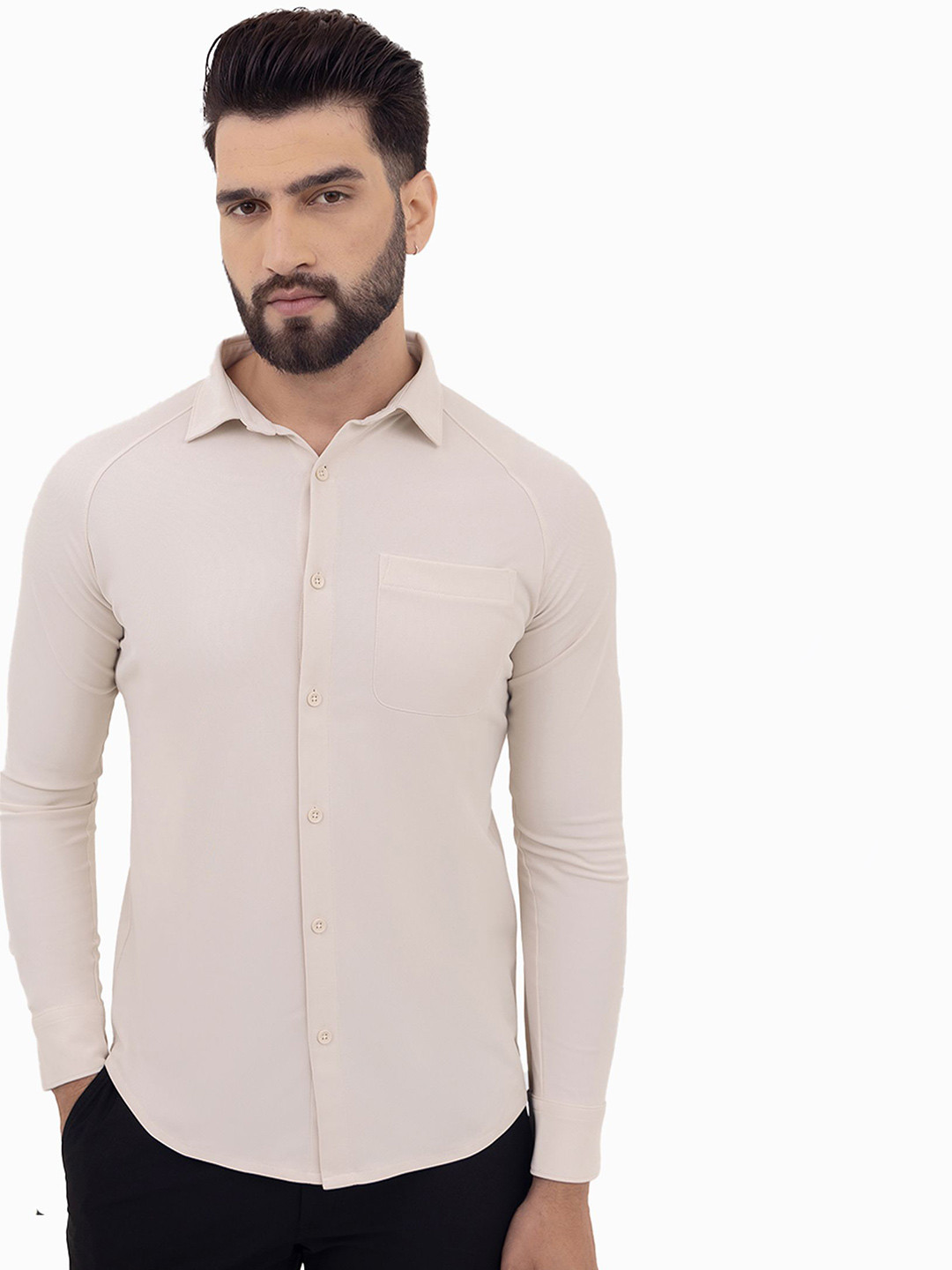 Harfun Men Spread Collar Solid Casual Shirt