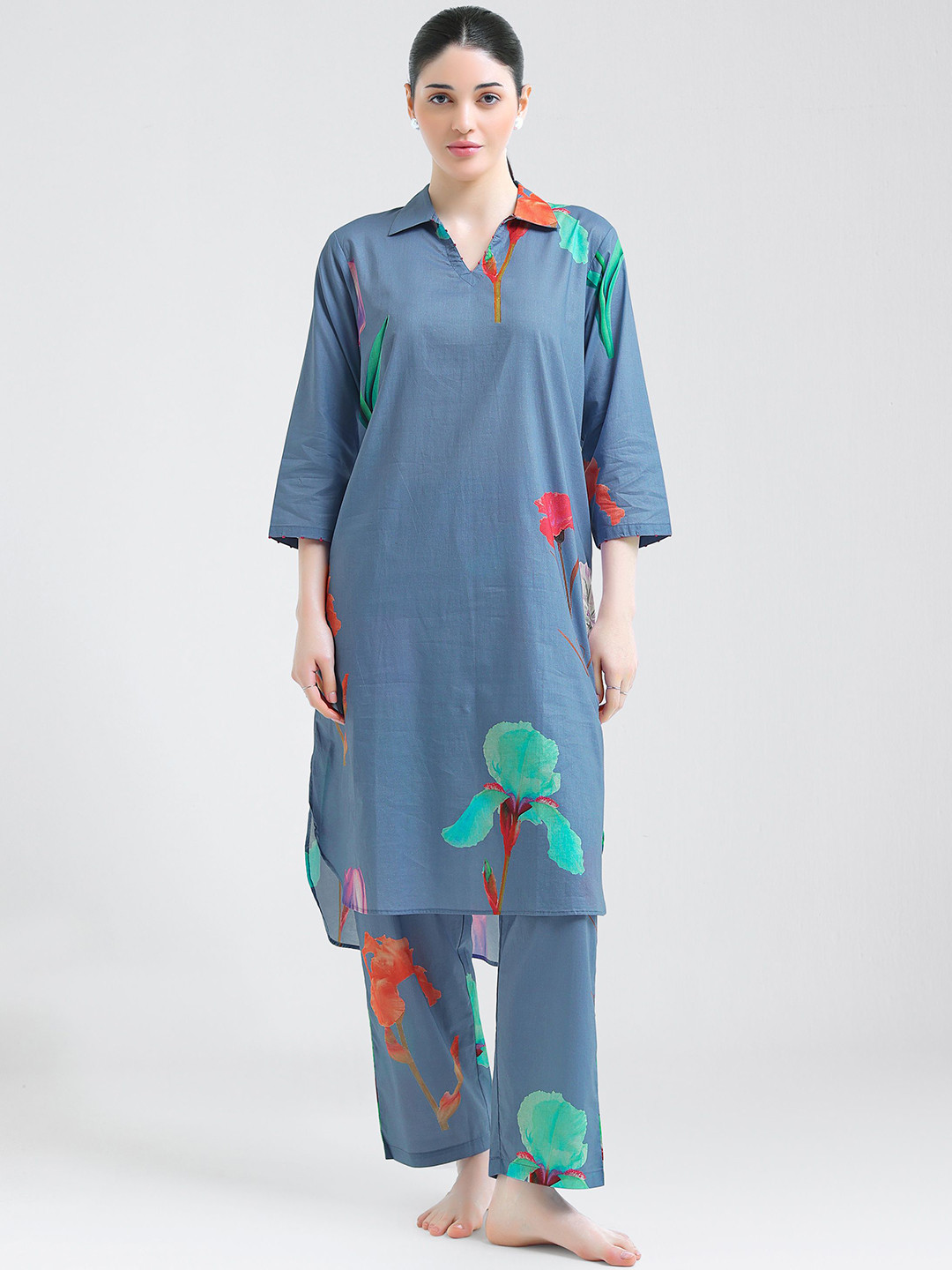 I like me Blue Printed Shirt Collar Three-Quarter Sleeves Pure Cotton Top And Pyjama