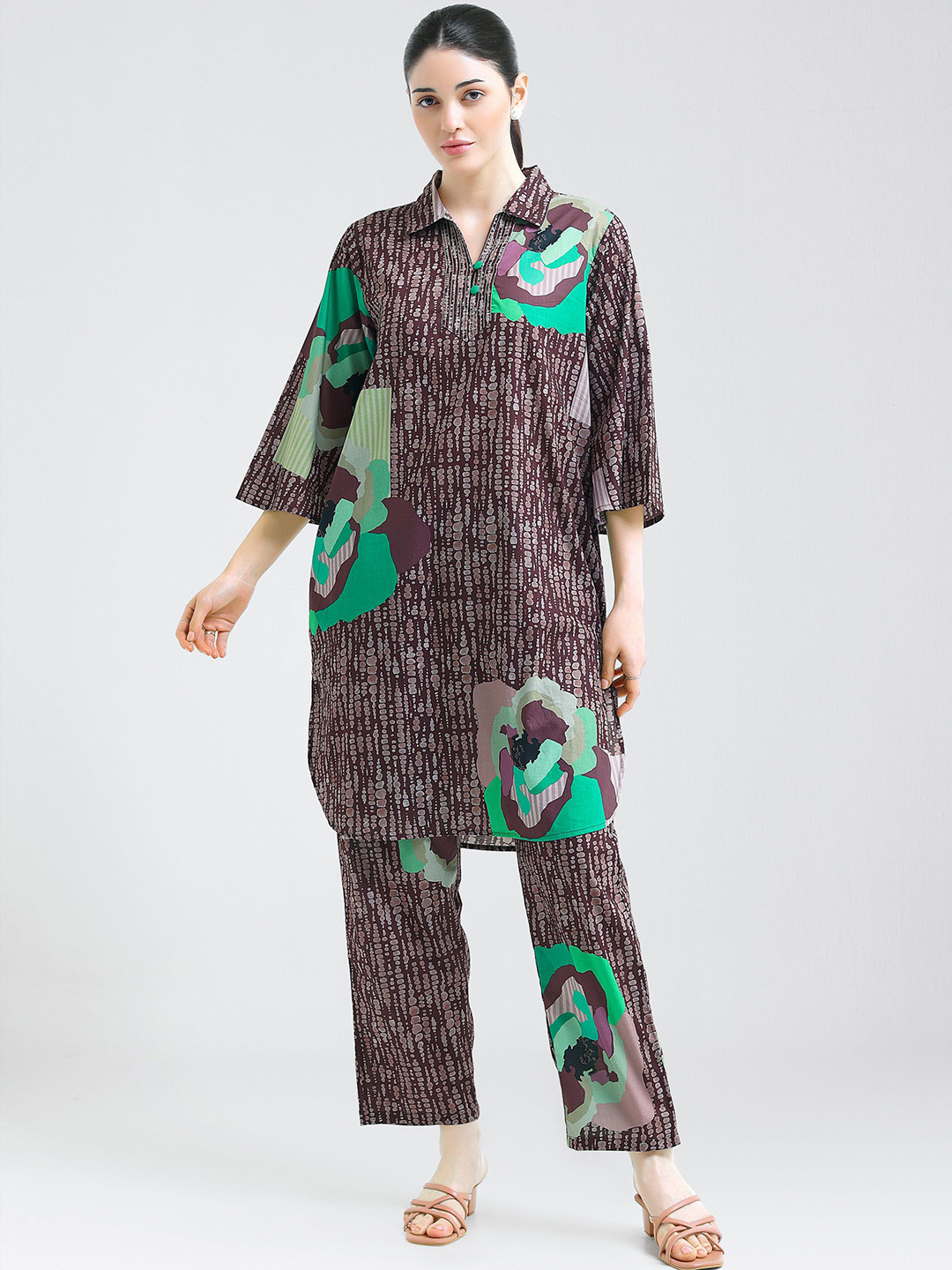I like me Purple and Green Shirt Collar Printed Tunic And Trousers