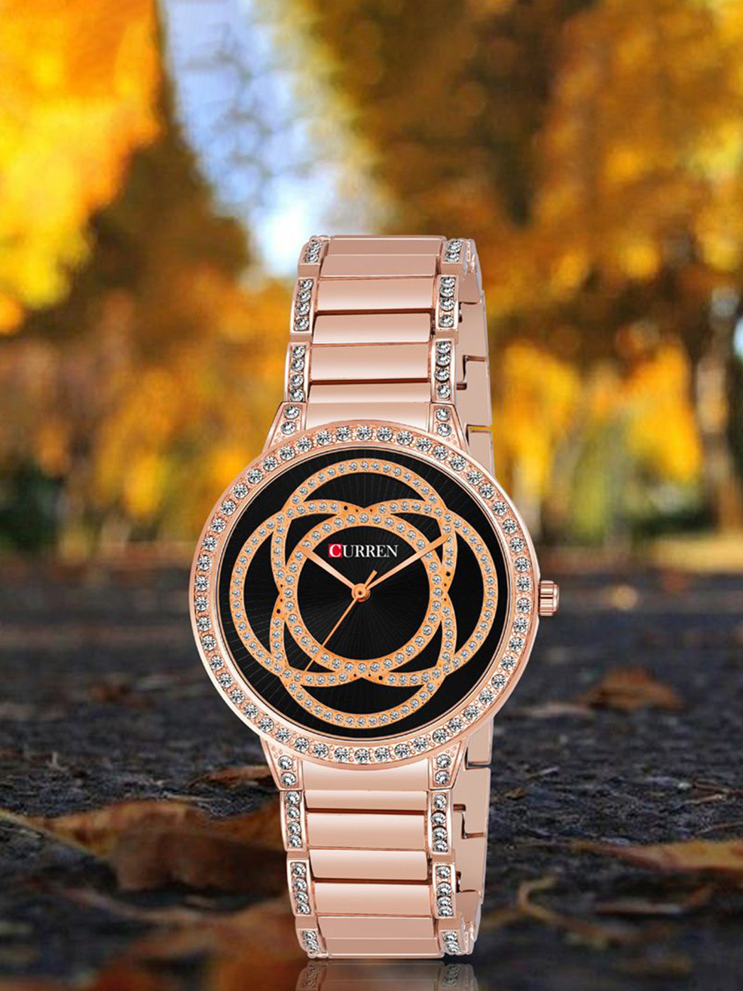 Curren Women Brass Embellished Dial Reset Time Analogue Watch CR-3480-Rose-Black