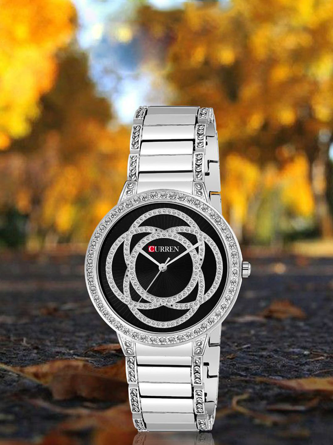 Curren Women Embellished Dial Stainless Steel Analogue Watch CR-3480-Slvr-Black
