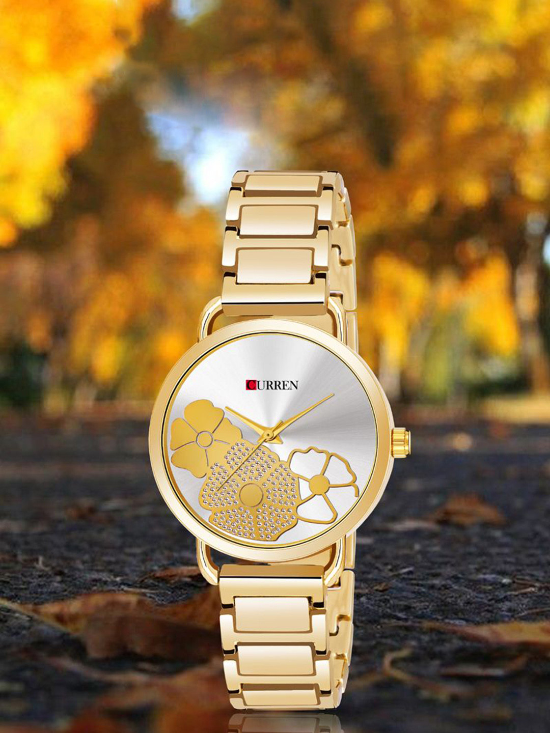 Curren Women Embellished Analogue Watch CR-3853-G-W-Flwr