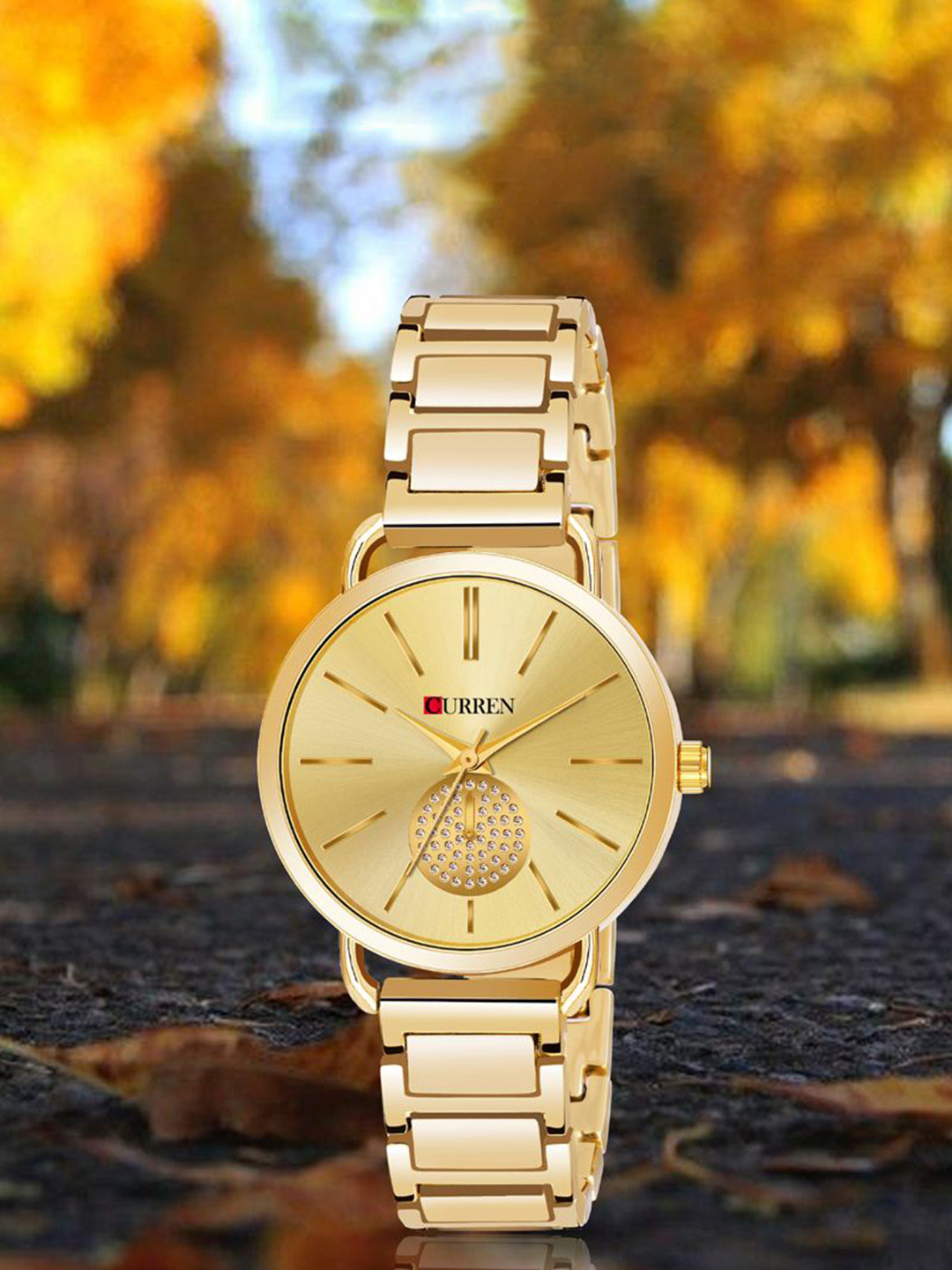 Curren Women Brass Embellished Dial & Stainless Steel Analogue Watch CR-3853-GG-Indx