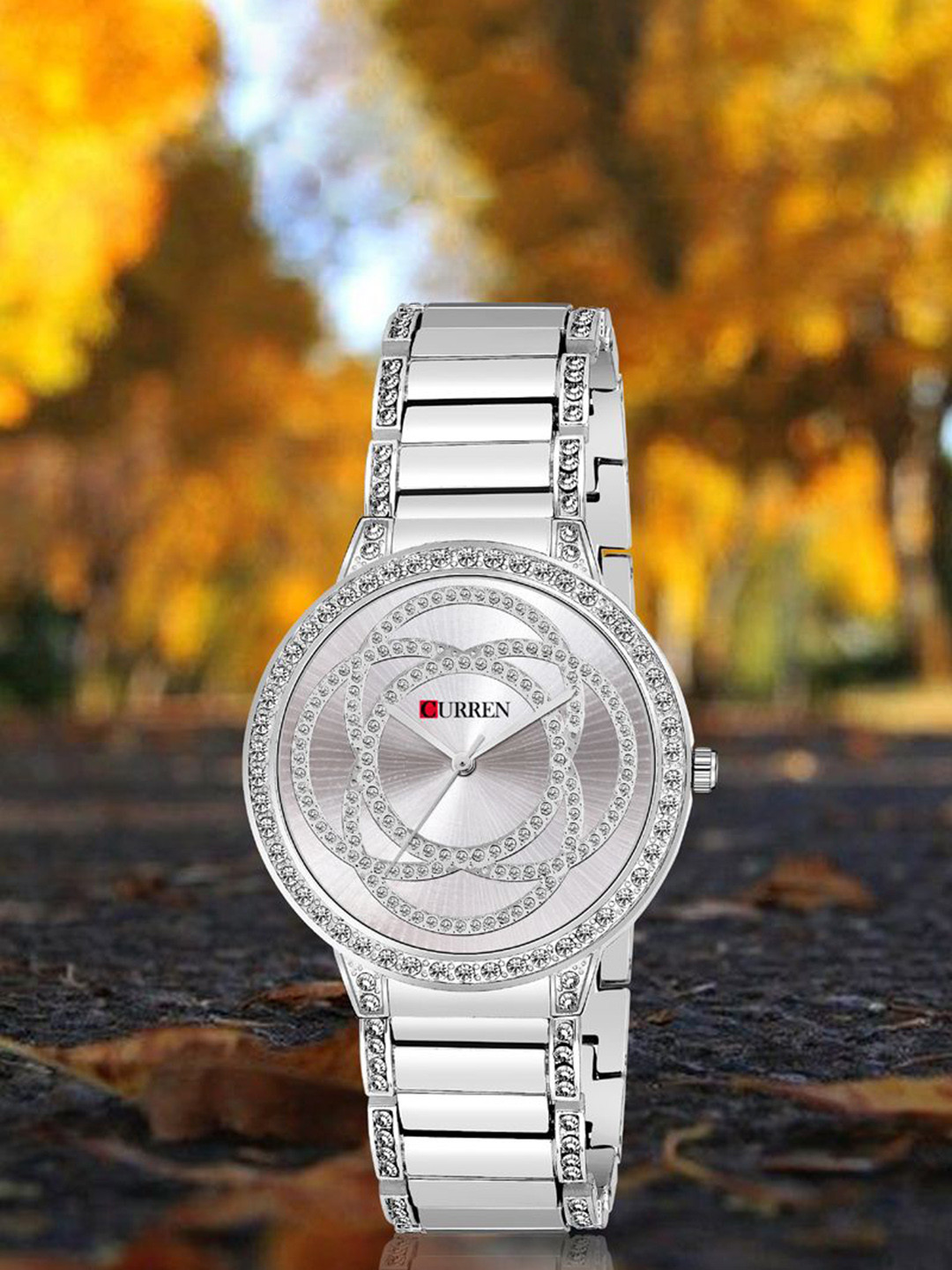 Curren Women Brass Embellished Dial Wrap Around Straps Analogue Watch CR-3480-Silver-W