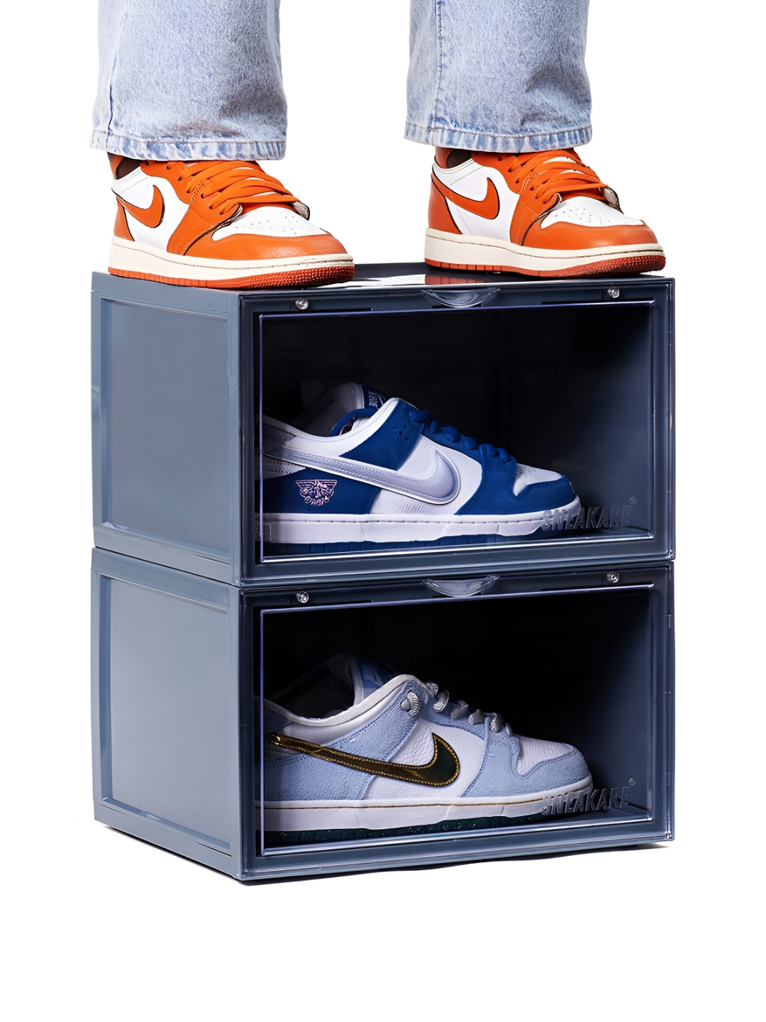 SNEAKARE Pack of 2 Grey Side Drop Shoe Rack & Storage Box Shoe Organiser