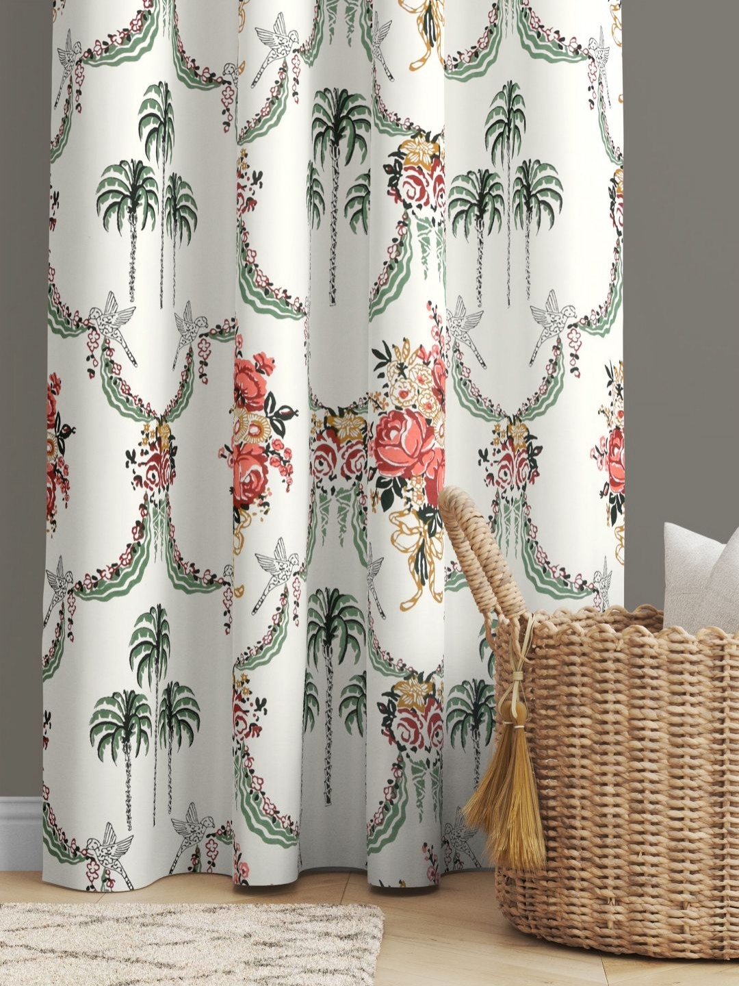 JAIPUR FABRIC White & Green Floral Printed Window Curtain