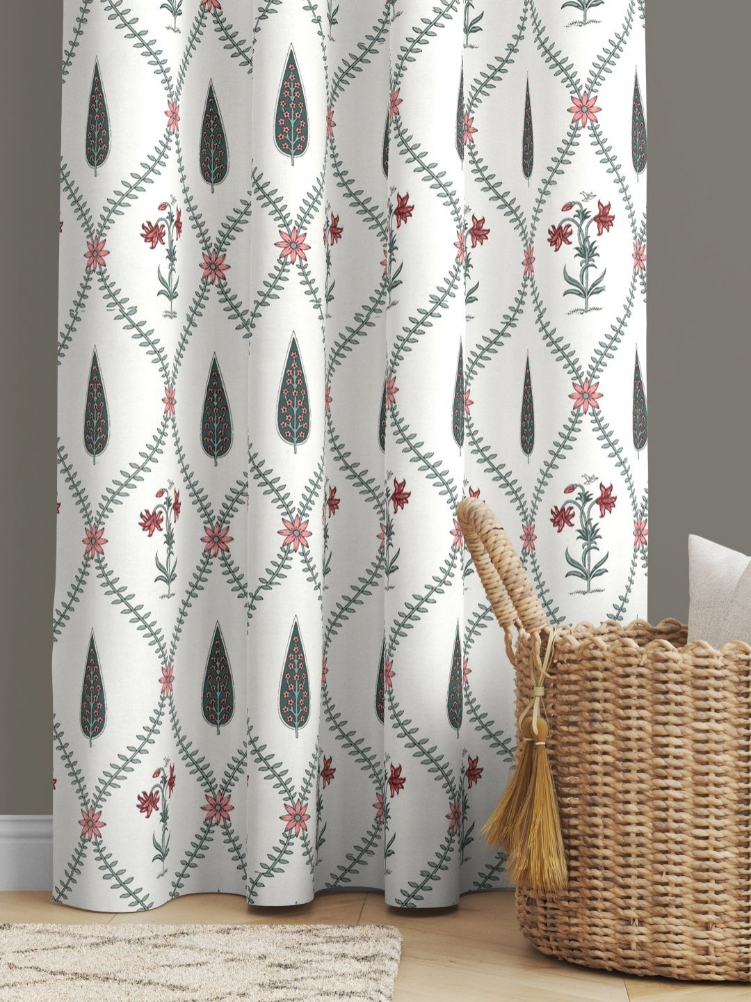 JAIPUR FABRIC White & Green Floral Printed Window Curtain