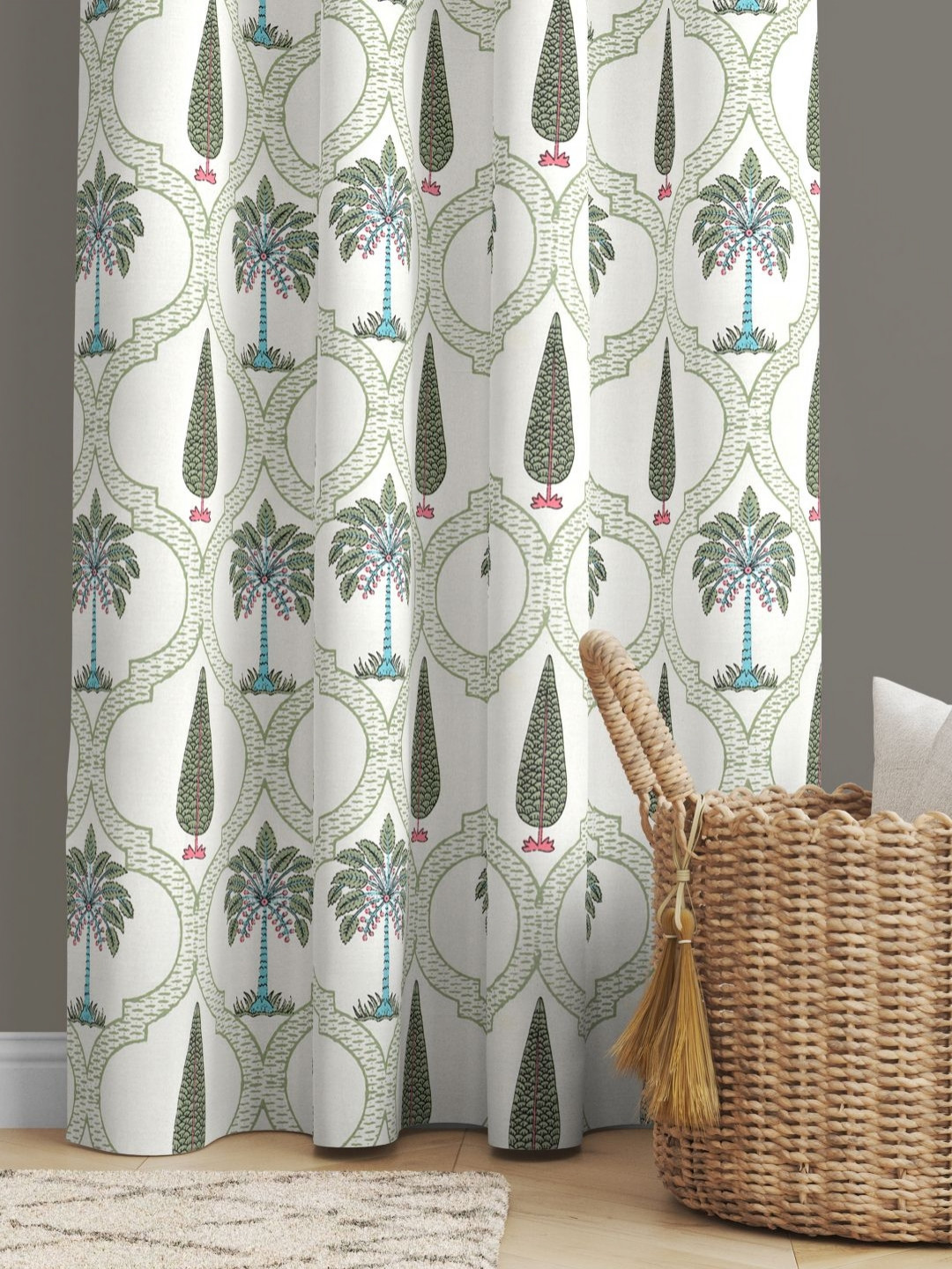 JAIPUR FABRIC White & Green Floral Printed Window Curtain