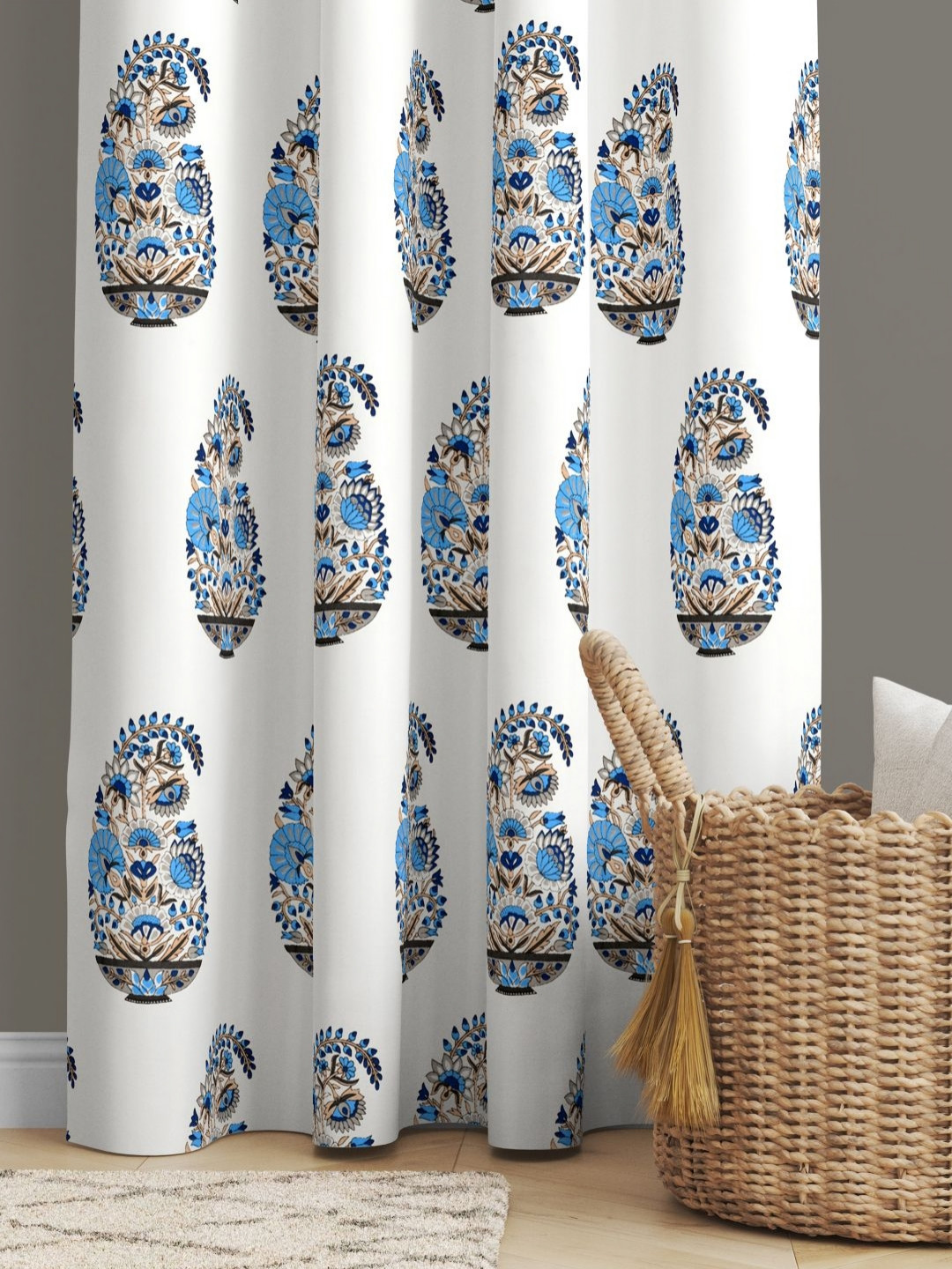 JAIPUR FABRIC White & Blue Floral Printed Cotton Window Curtain