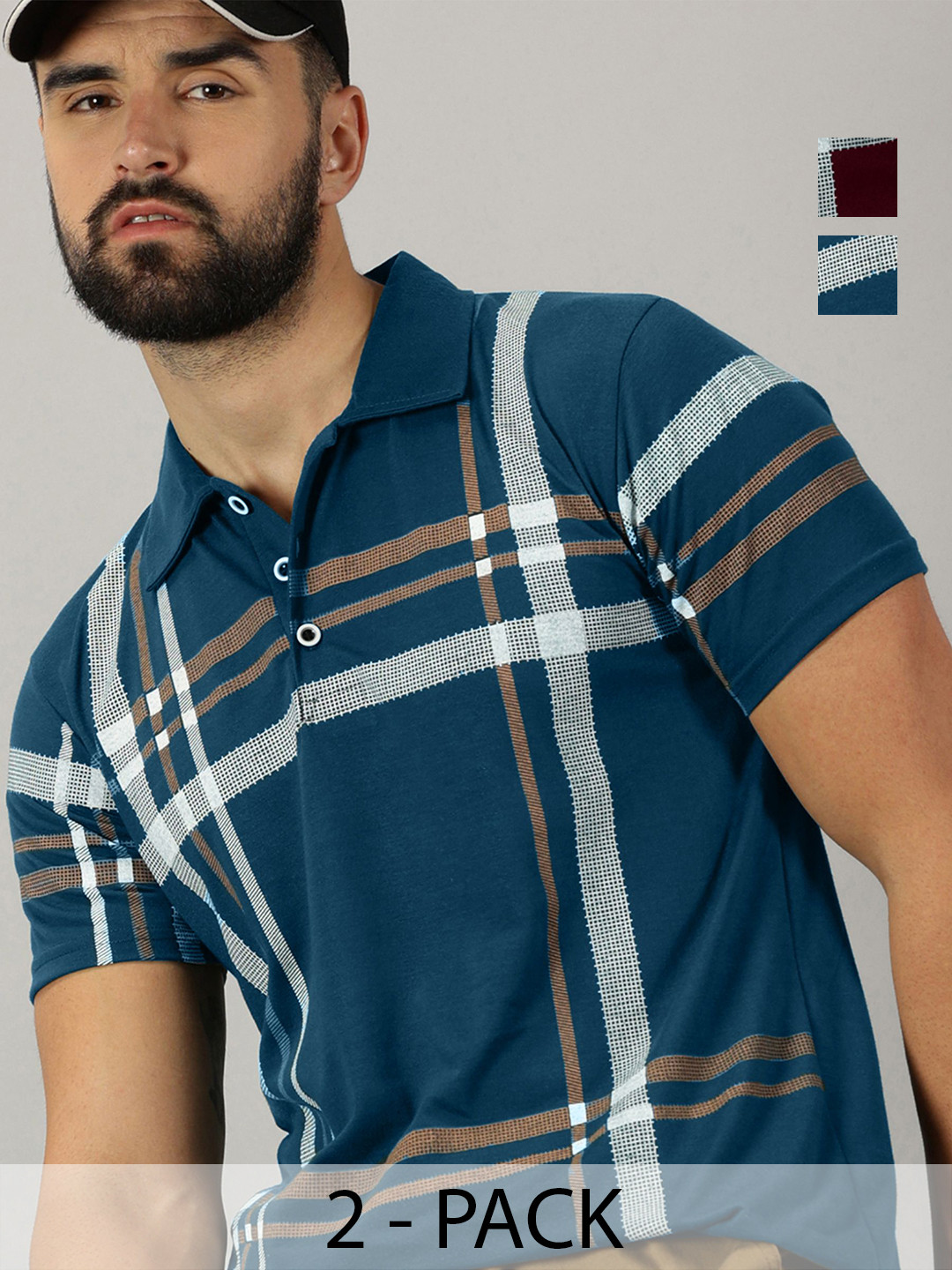 AUSK Men Pack Of 2 Checked Polo Collar Slim Fit Cotton T-shirts