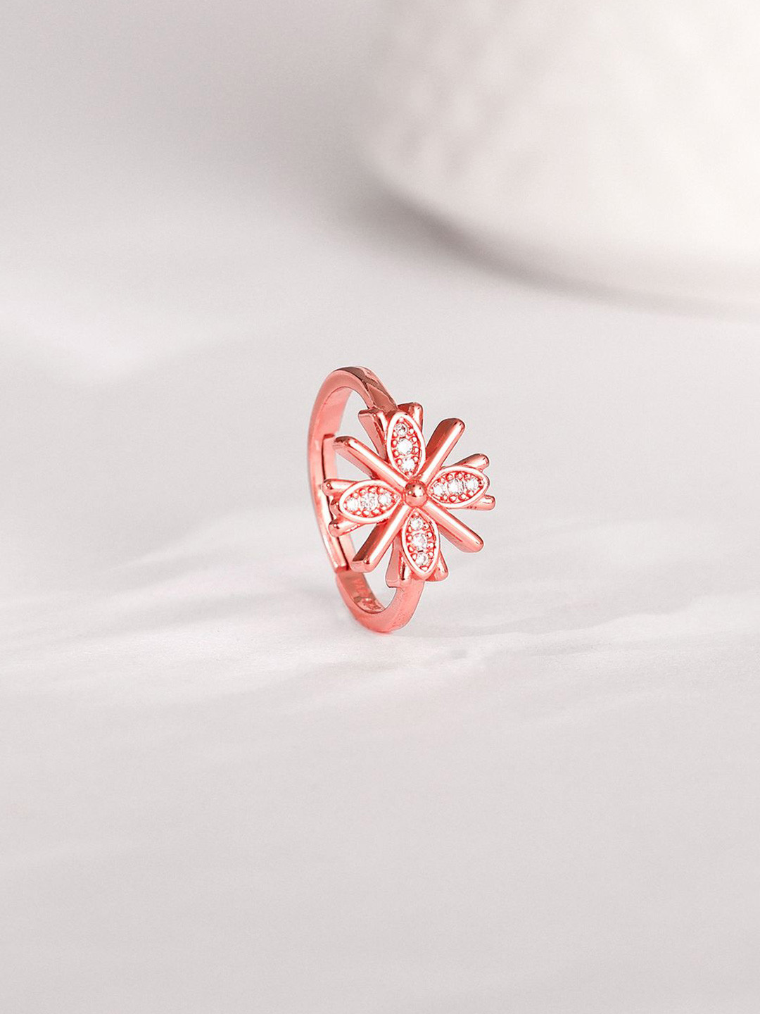 GIVA 925 Silver Rose Gold-Plated Stone Studded Floral Dreams Adjustable Finger Ring