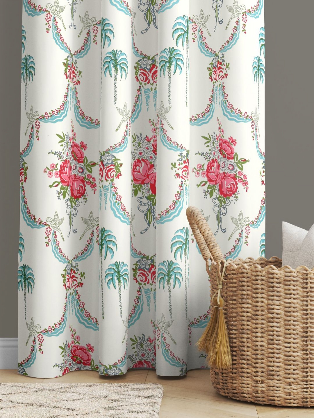 BED-SHEET.COM White & Pink Floral Printed Window Curtain
