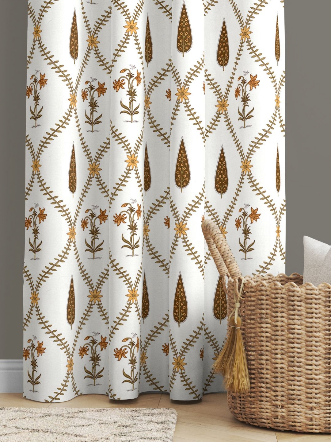 BED-SHEET.COM White & Yellow Floral Printed Cotton Window Curtain