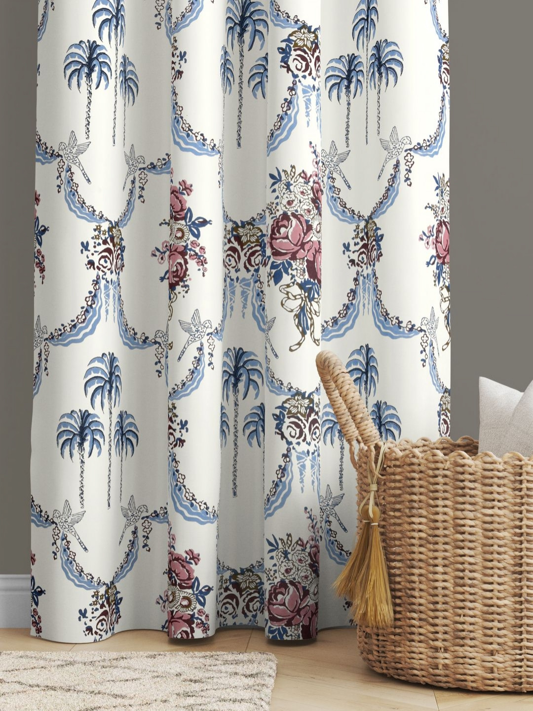 BED-SHEET.COM Blue & Pink Floral Printed Window Curtain