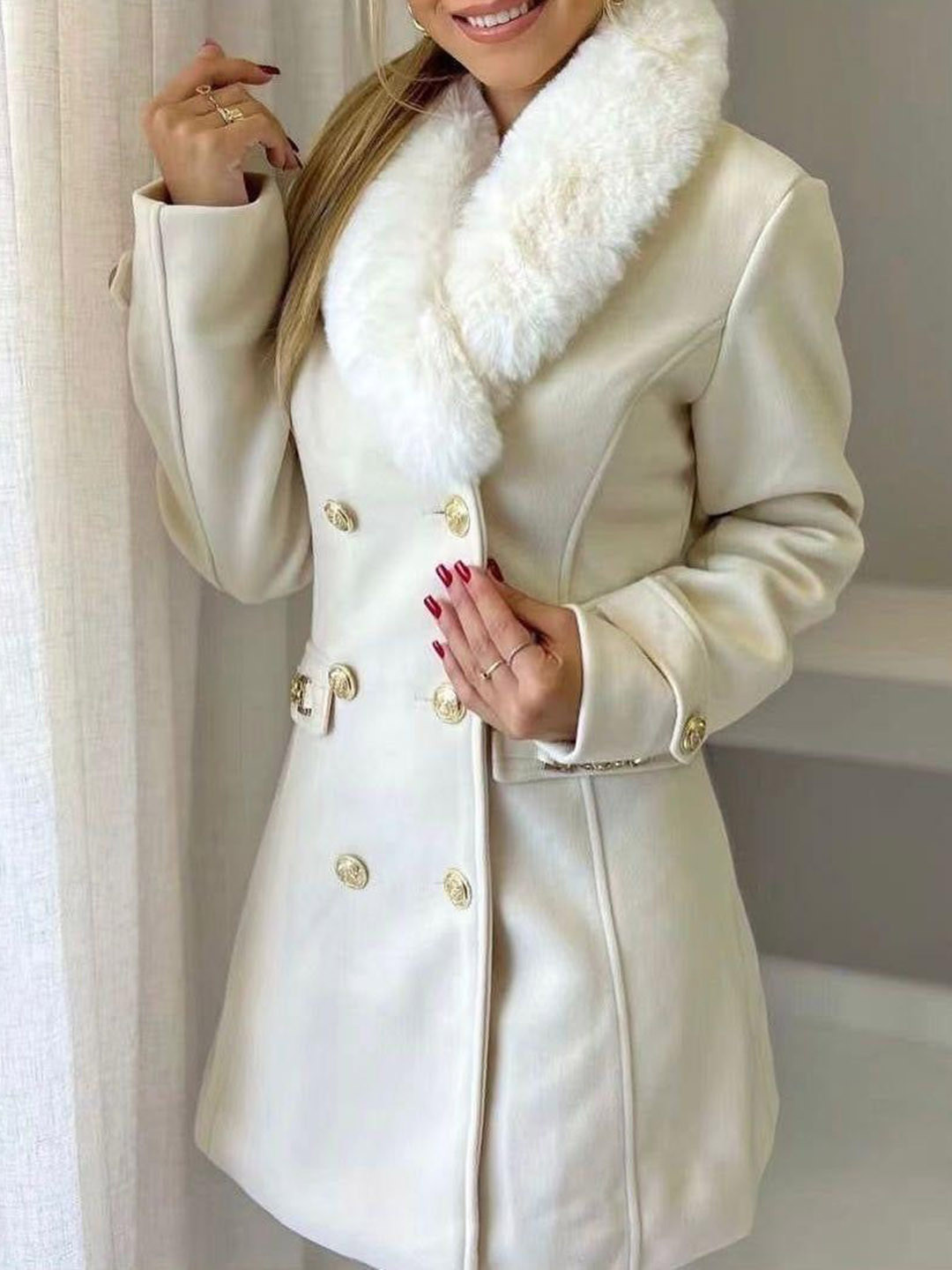 Miss Mosa By Akanksha  Women Off White Louis Fur Detailed Double Breasted