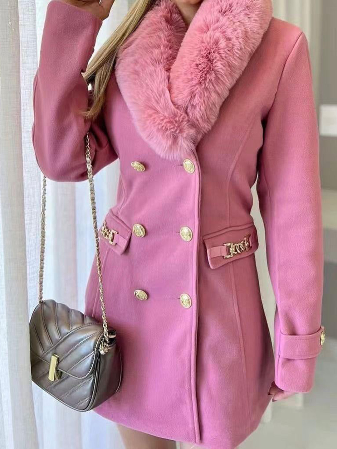 Miss Mosa By Akanksha  Women Pink Louis Fur Detailed Double Breasted