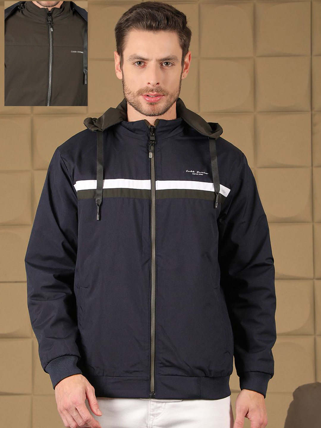 COBB Men Hooded Solid Casual Reversible Bomber Jacket