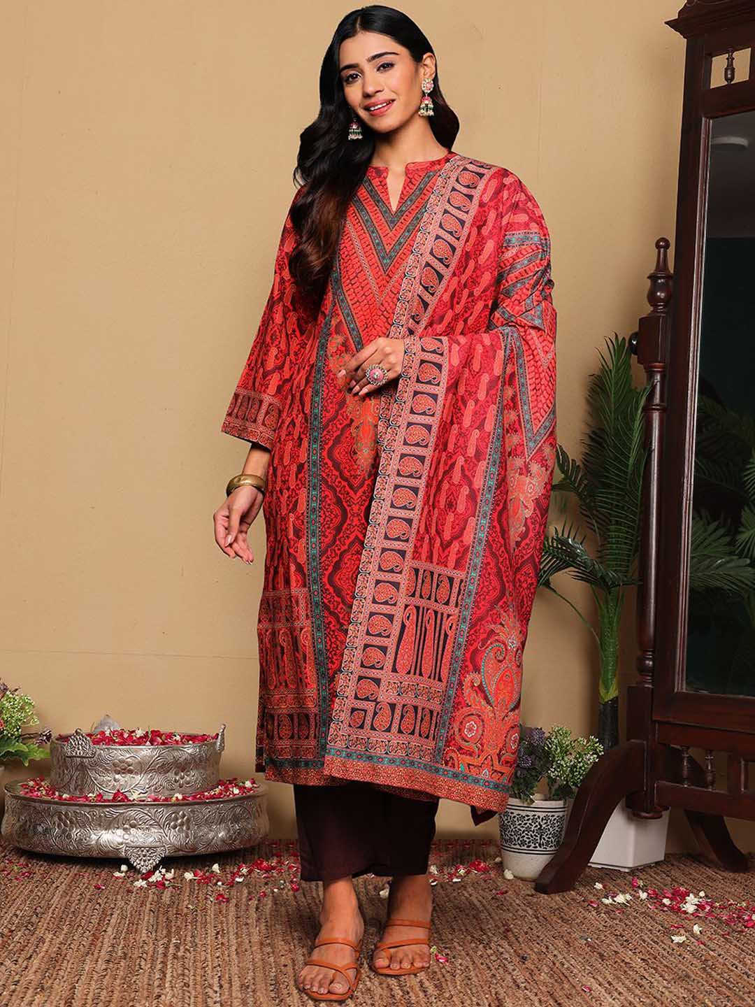 Varanga Rust Paisley Printed Mandarin Collar Straight Kurta With Trousers & Dupatta