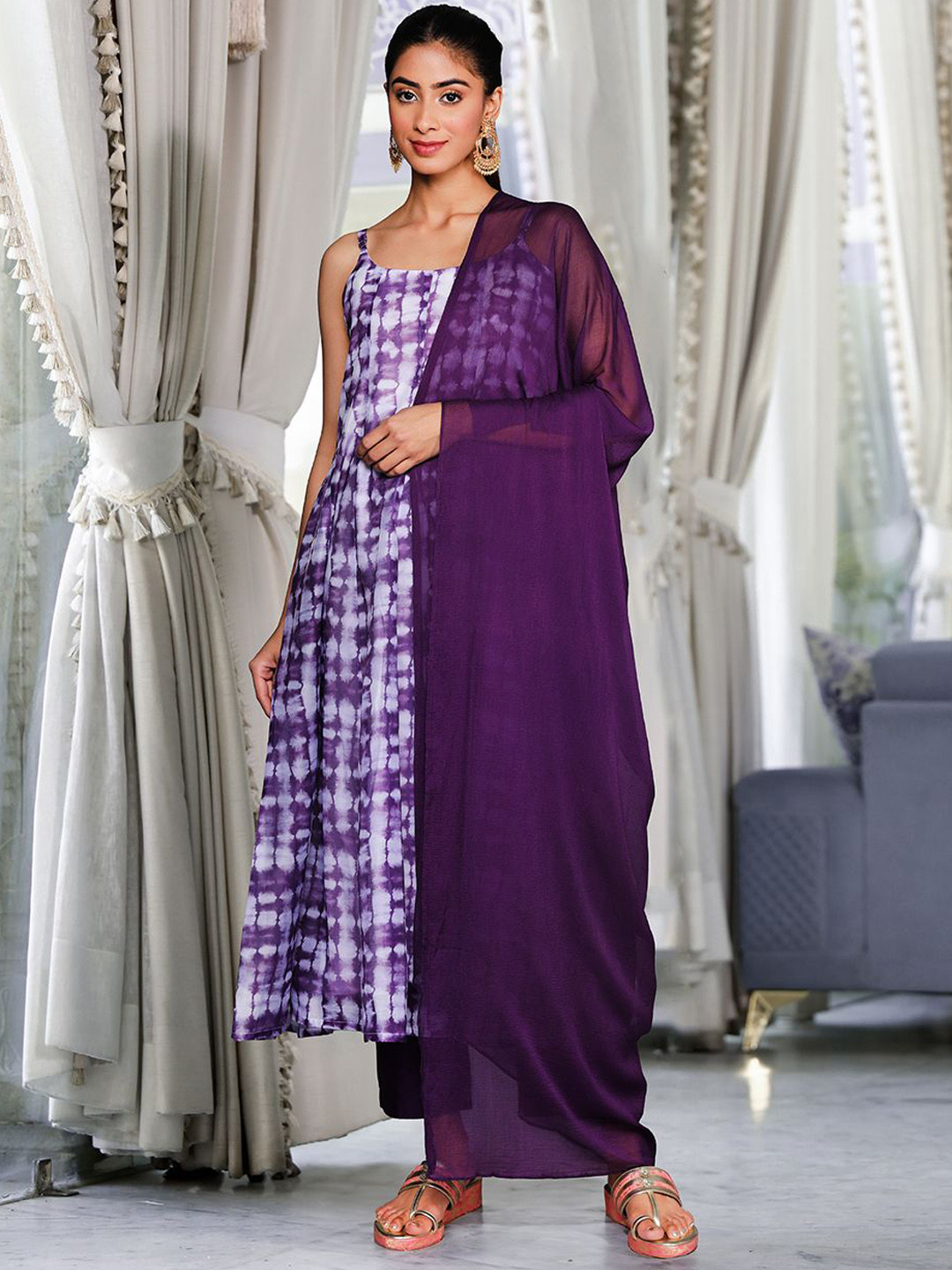 Varanga Violet Ombre Dyed Printed Chanderi Silk Anarkali Kurta With Trousers & Dupatta