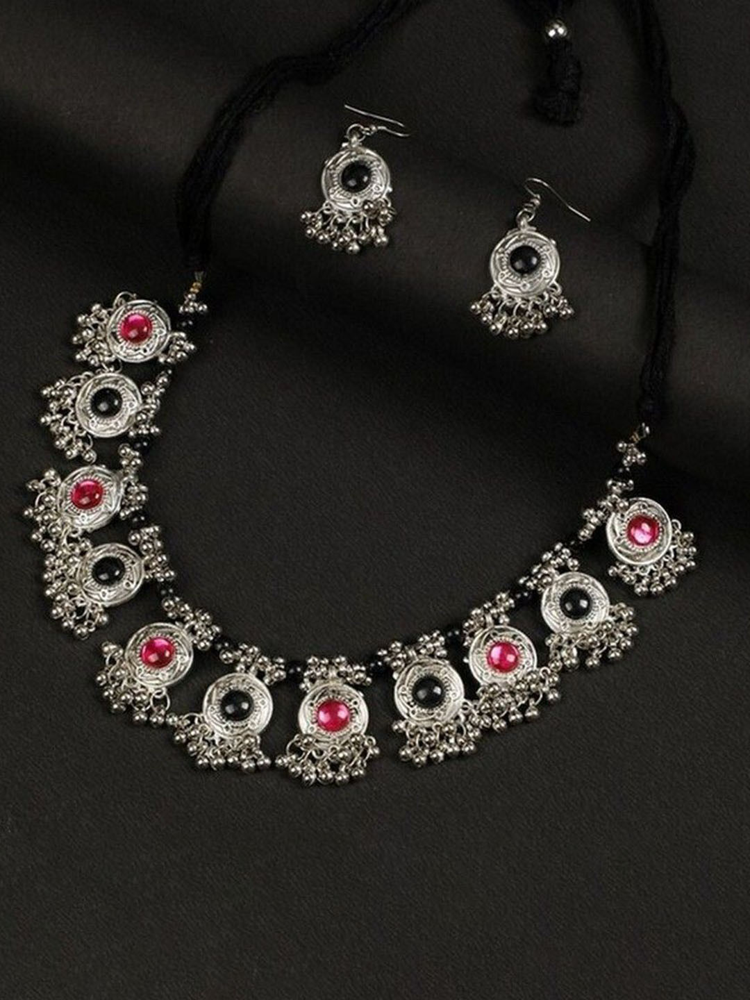 Oxidized Heaven Sterling Silver-Plated Stone Studded & Beaded Jewellery Set