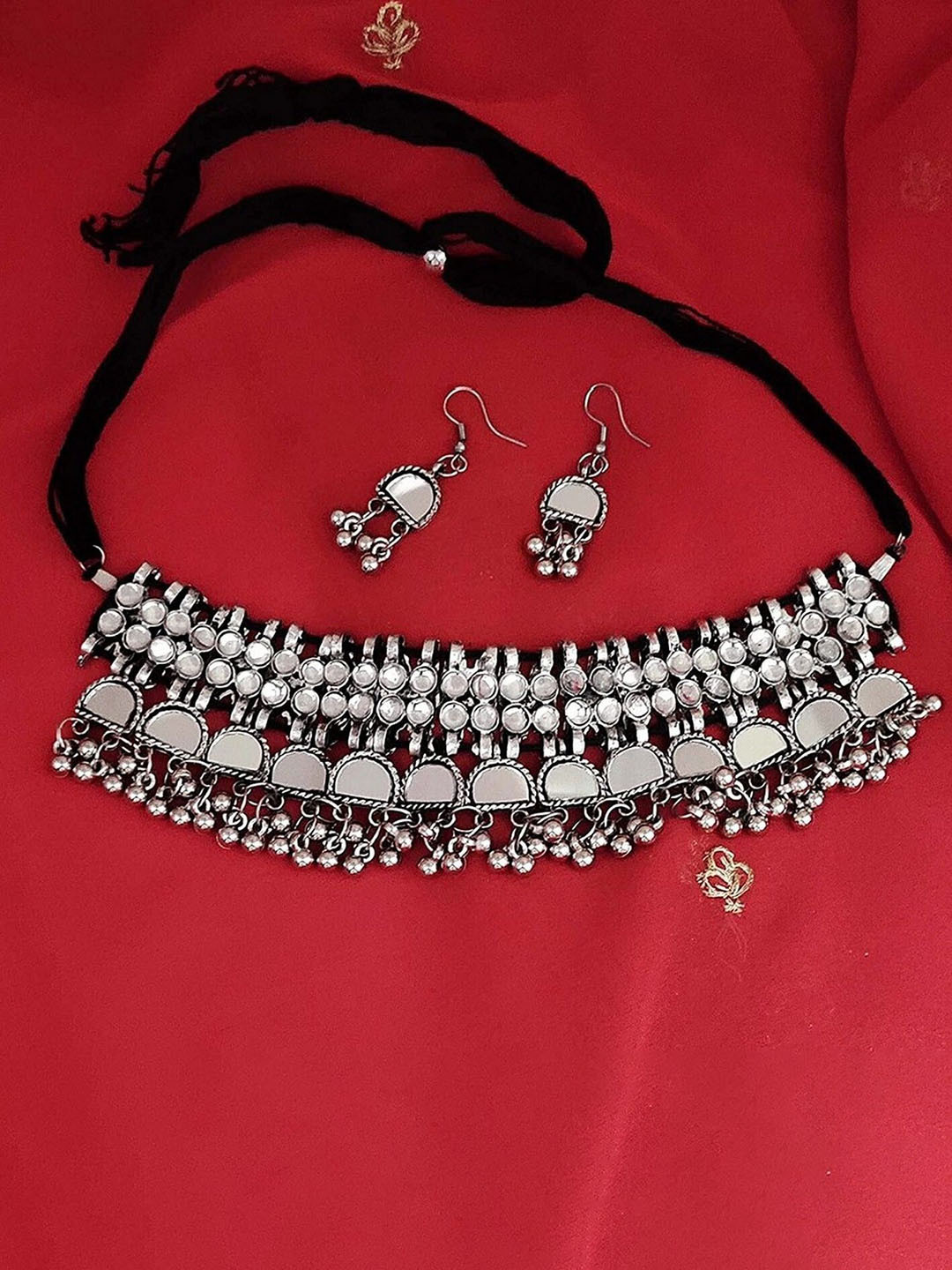 Oxidized Heaven Sterling Silver Plated Mirror Studded & Beaded Necklace and Earrings