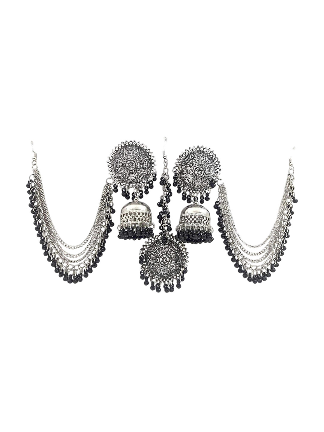 Oxidized Heaven Silver-Plated Beaded Jhumki Earrings With Dangler & Maang Tikka Set