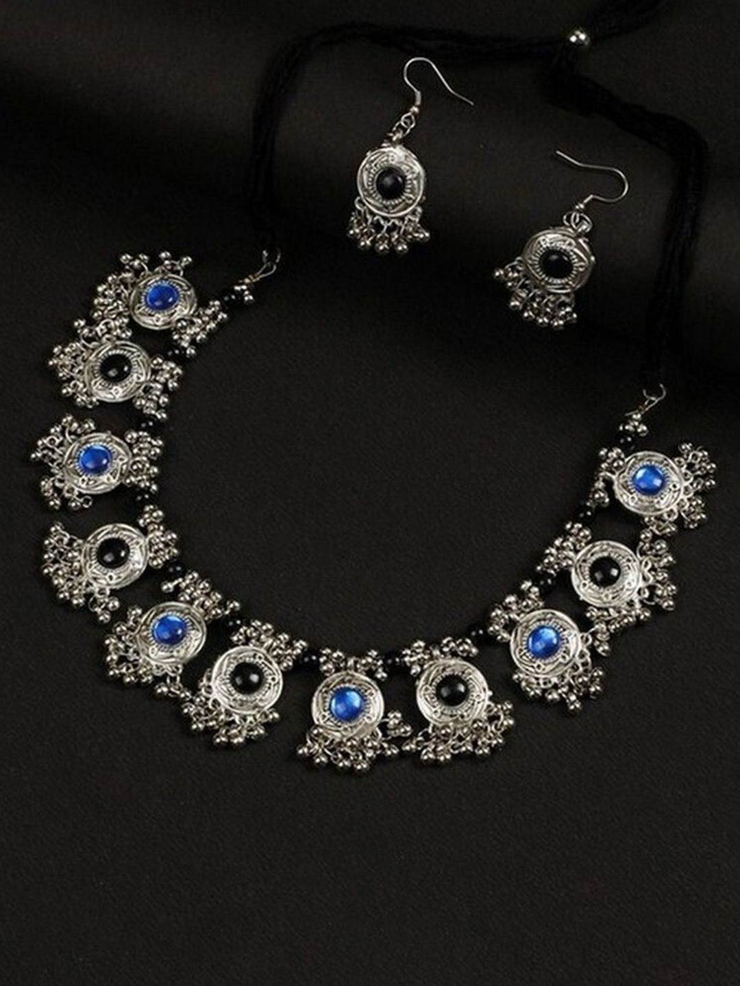 Oxidized Heaven Sterling Silver-Plated Stone Studded & Beaded Necklace and Earrings