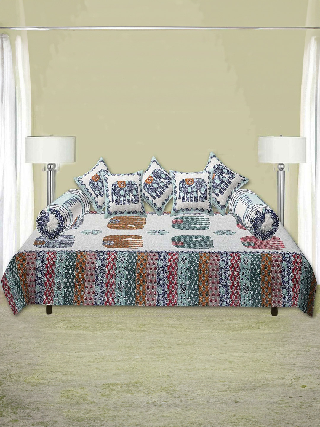 Trance Home Linen Blue & Red 8 Pieces 108 TC Pure Cotton Jaipuri Printed Diwan Set