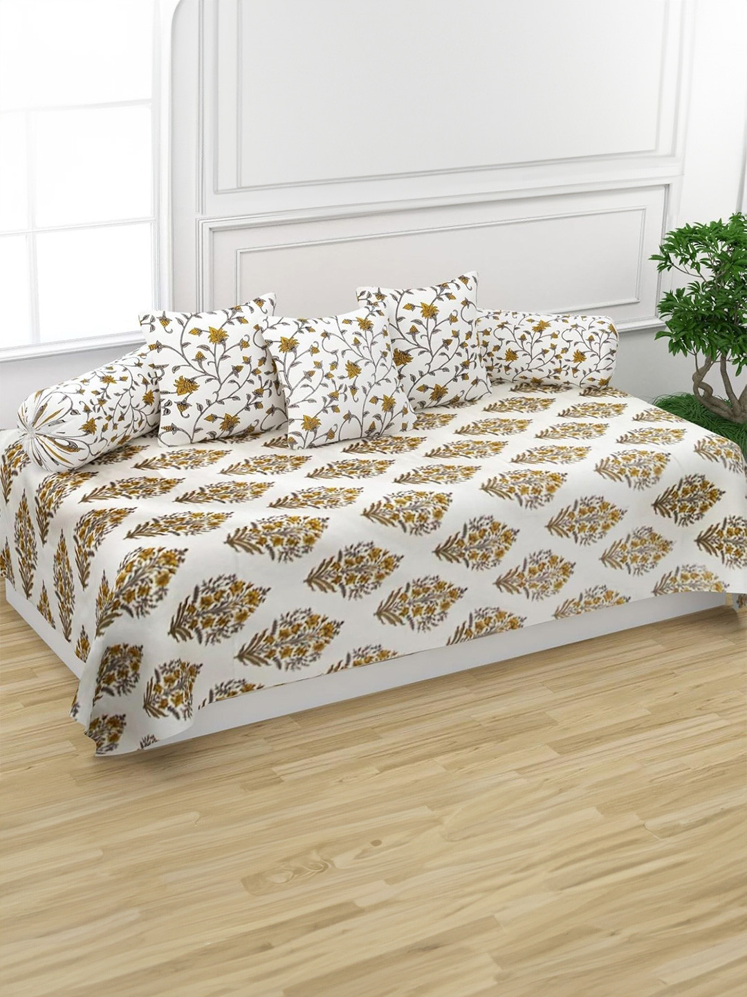 Trance Home Linen Yellow & Grey 6 Pieces 108 TC Pure Cotton Jaipuri Printed Diwan Set