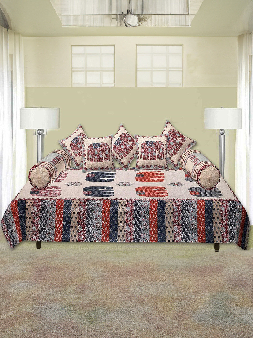 Trance Home Linen Red 8 Pieces 108 TC Pure Cotton Jaipuri Printed Diwan Set