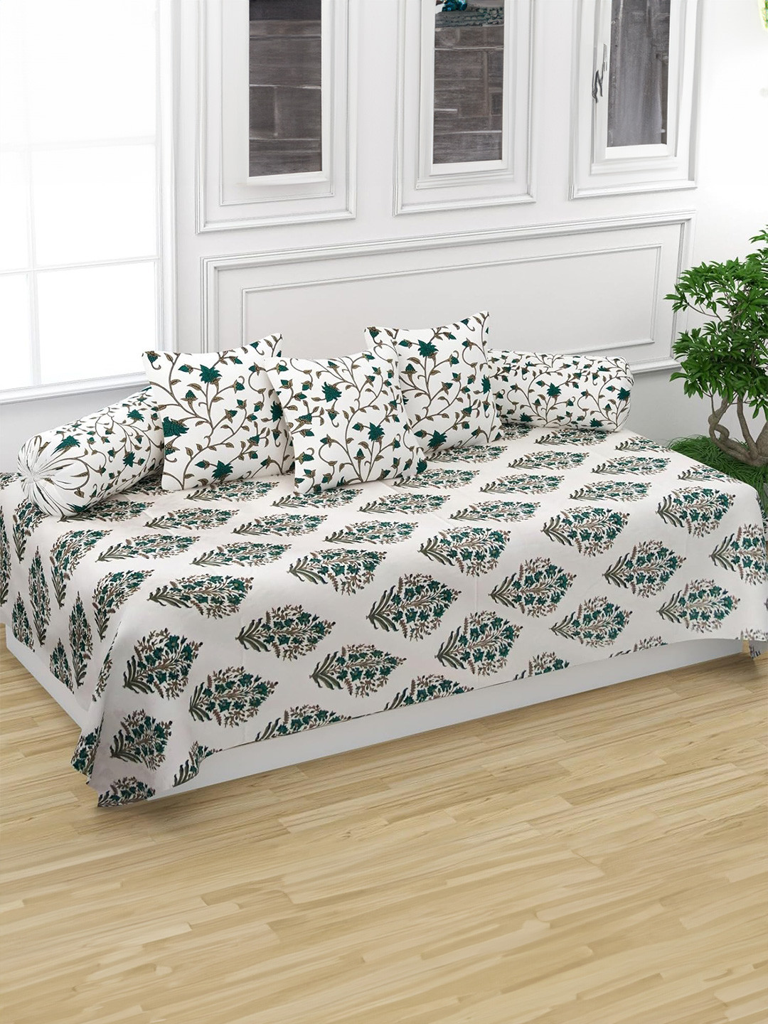 Trance Home Linen White 6 Pieces 108 TC Pure Cotton Ethnic Motifs Printed Diwan Set