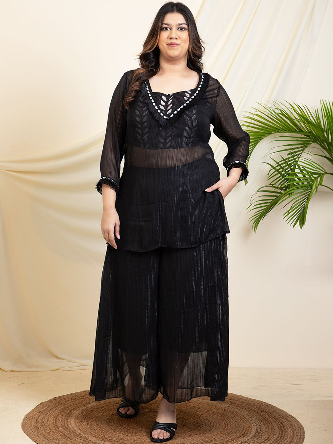 DEEBACO Plus Size Embellished Tunic With Crop Top & Palazzo