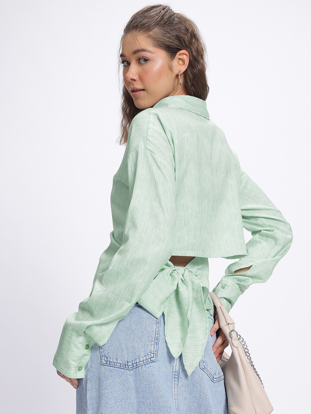 glitchez Striped Back Tie-Up High-Low Shirt